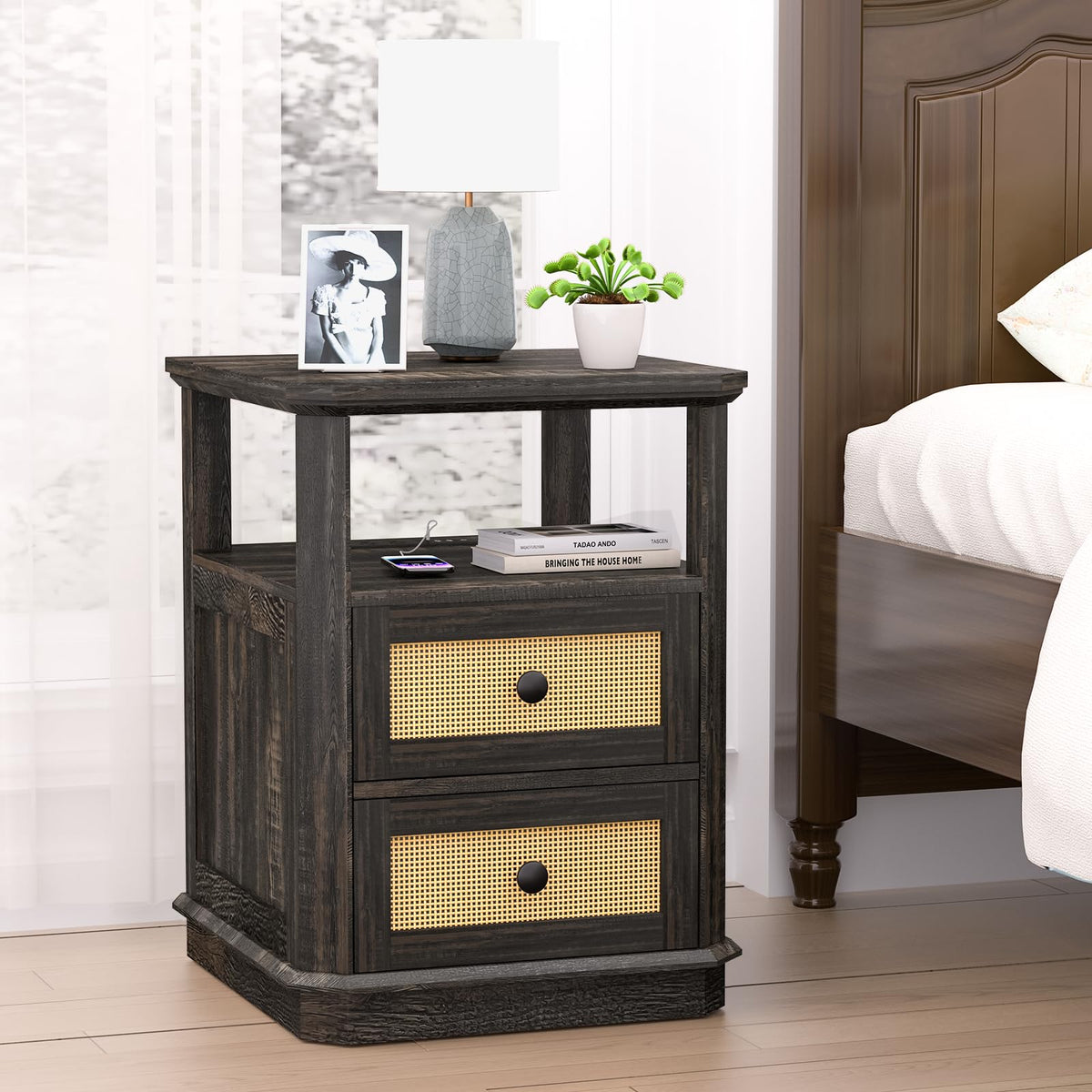 Farmhouse Nightstand with Charging Station & Rattan Drawers