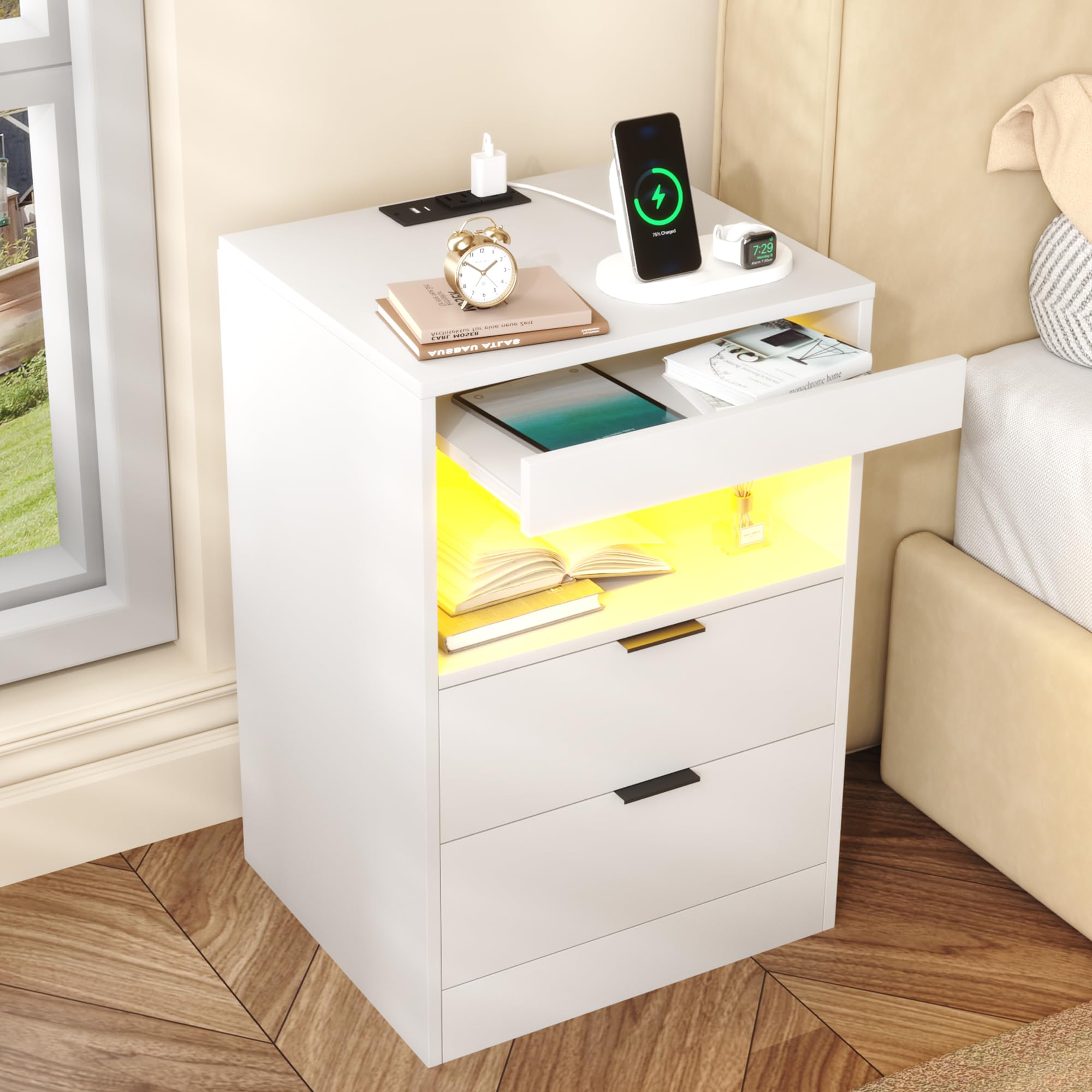 Nightstand with Charging Station, Bedside Table with 3 Drawers and LED Lights