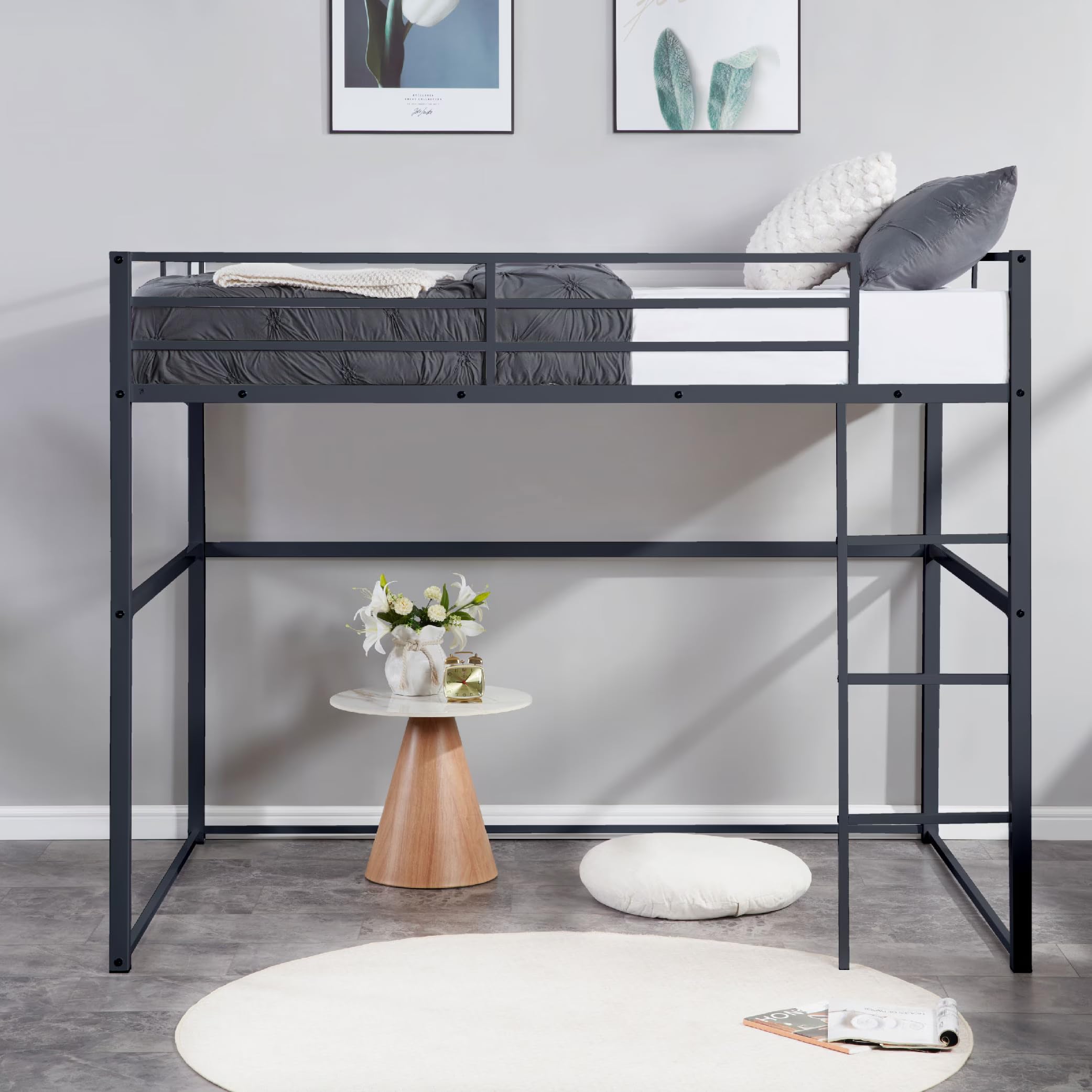 Metal Loft Bed Twin Size, Loft Bed Frame with Safety Guard Rails & Flat Ladder