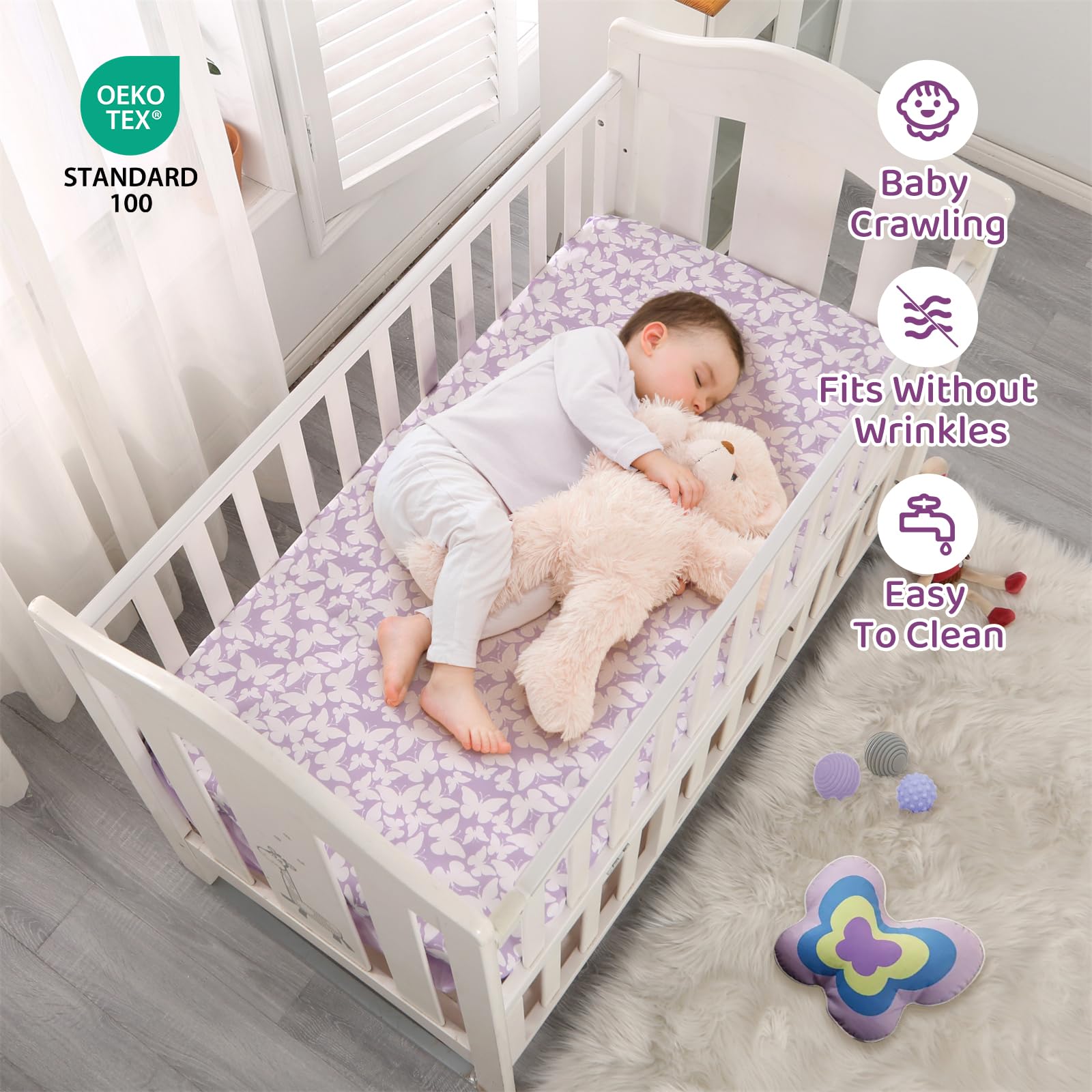 Wowelife Girl Crib Bedding Set, Butterfly Baby Girl Nursery Bedding Set, Premium Purple Baby Bedding Set, Baby Girl Cot Bed Set Include Quilted Comforter, Crib Skirt and Crib Sheet, Purple