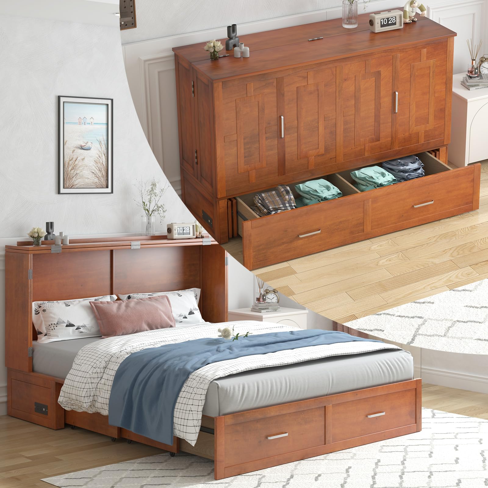 Queen Murphy Bed Cabinet with 2 Storage Drawers, Hideaway Murphy Chest
