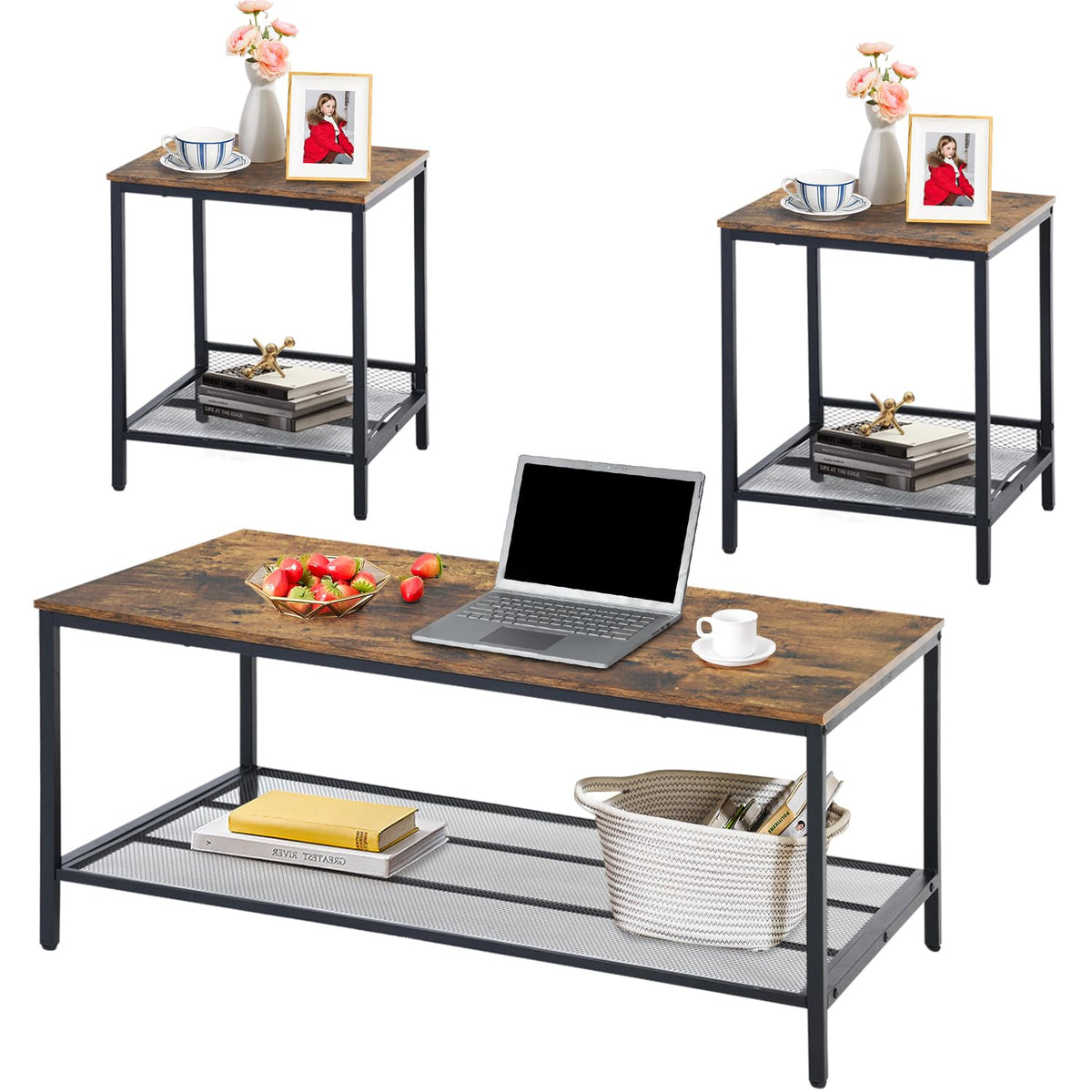 3-Piece Industrial Coffee Table Set with Metal Frame