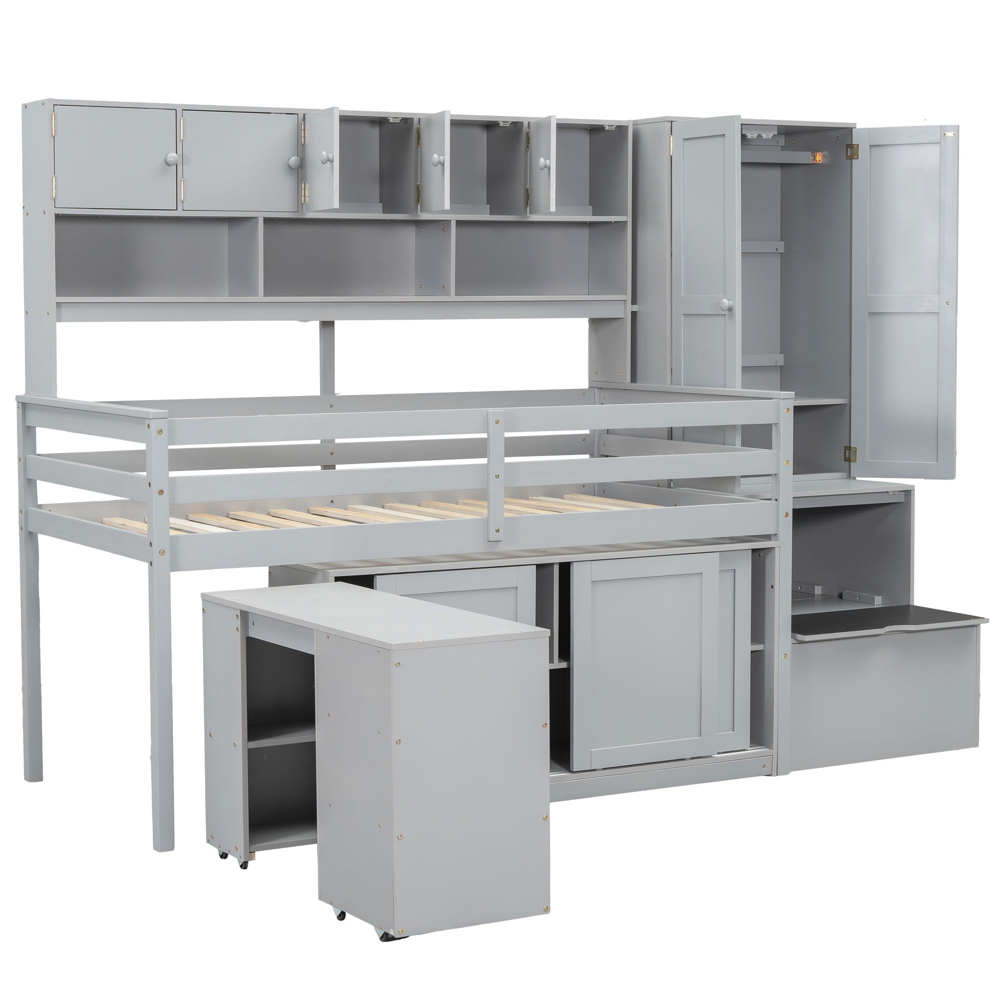 Wooden Loft Bed Big Storage with Under-Bed Desk