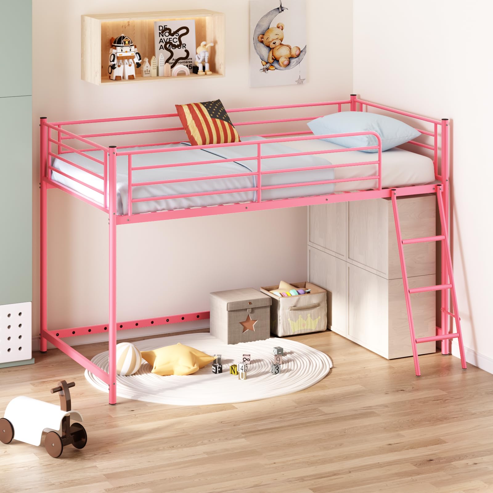 Low Loft Bed with Inclined Ladder, Metal Twin Size Bed Frame