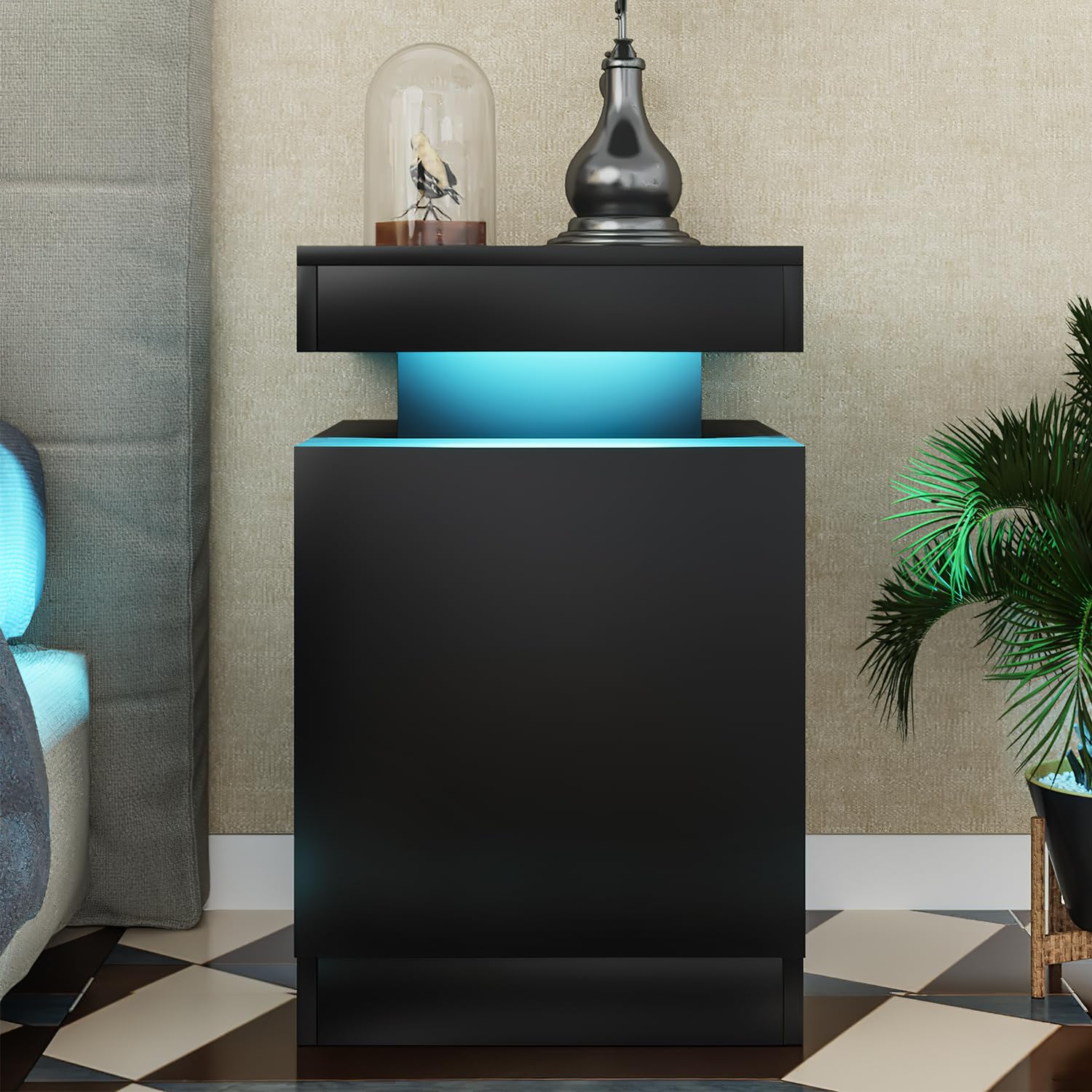 Nightstand Set of 2 with LED Lights,Night Stand with Storage Cabinet for Bedroom