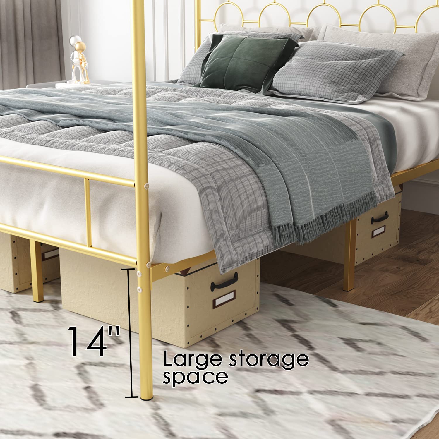 Gold Metal Canopy Bed Frame Queen/Mattress Foundation