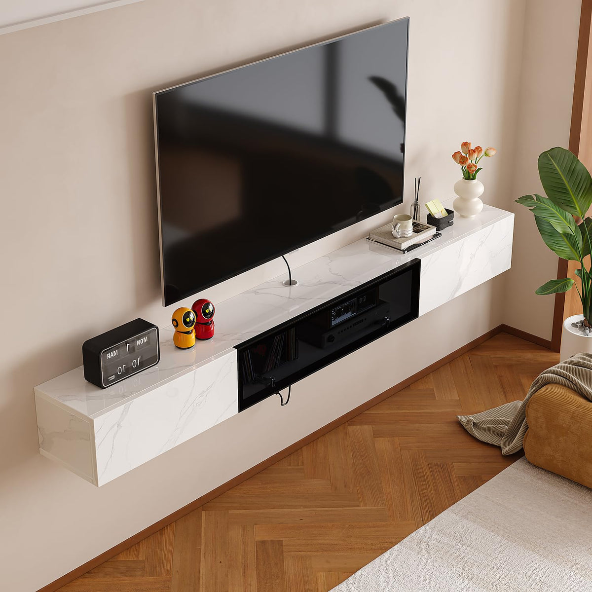 Floating TV Stand with Glass Door | High Gloss Plywood