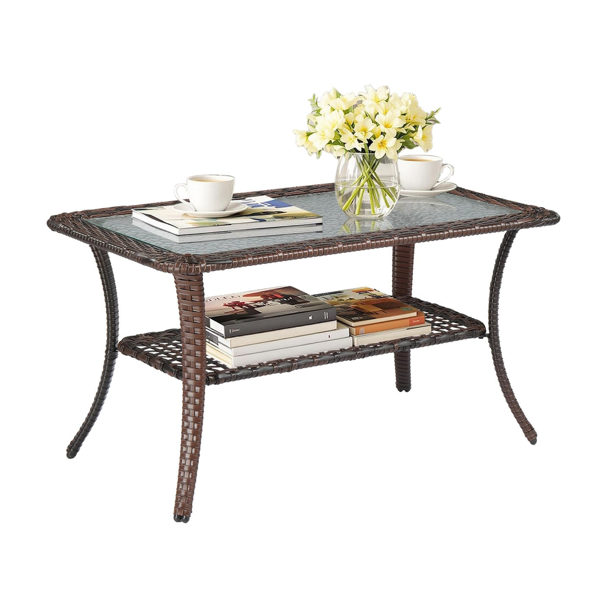Outdoor Wicker Coffee Table with Tempered Glass Top & Lower Storage Shelf