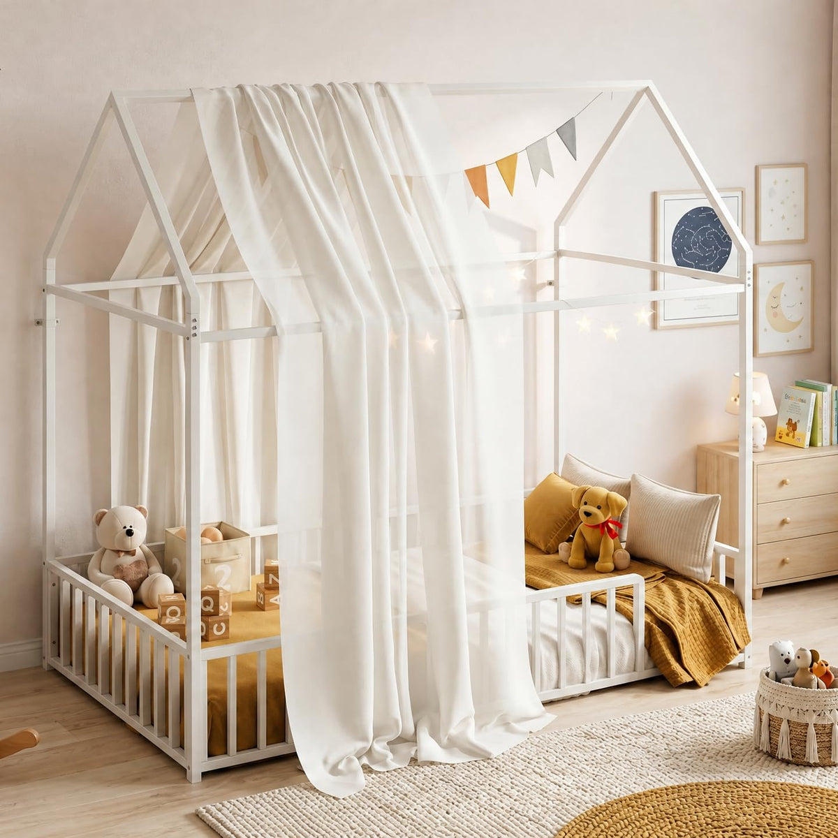 Twin Floor Bed with House Frame, Fence Guardrails & Anti-Tip Device