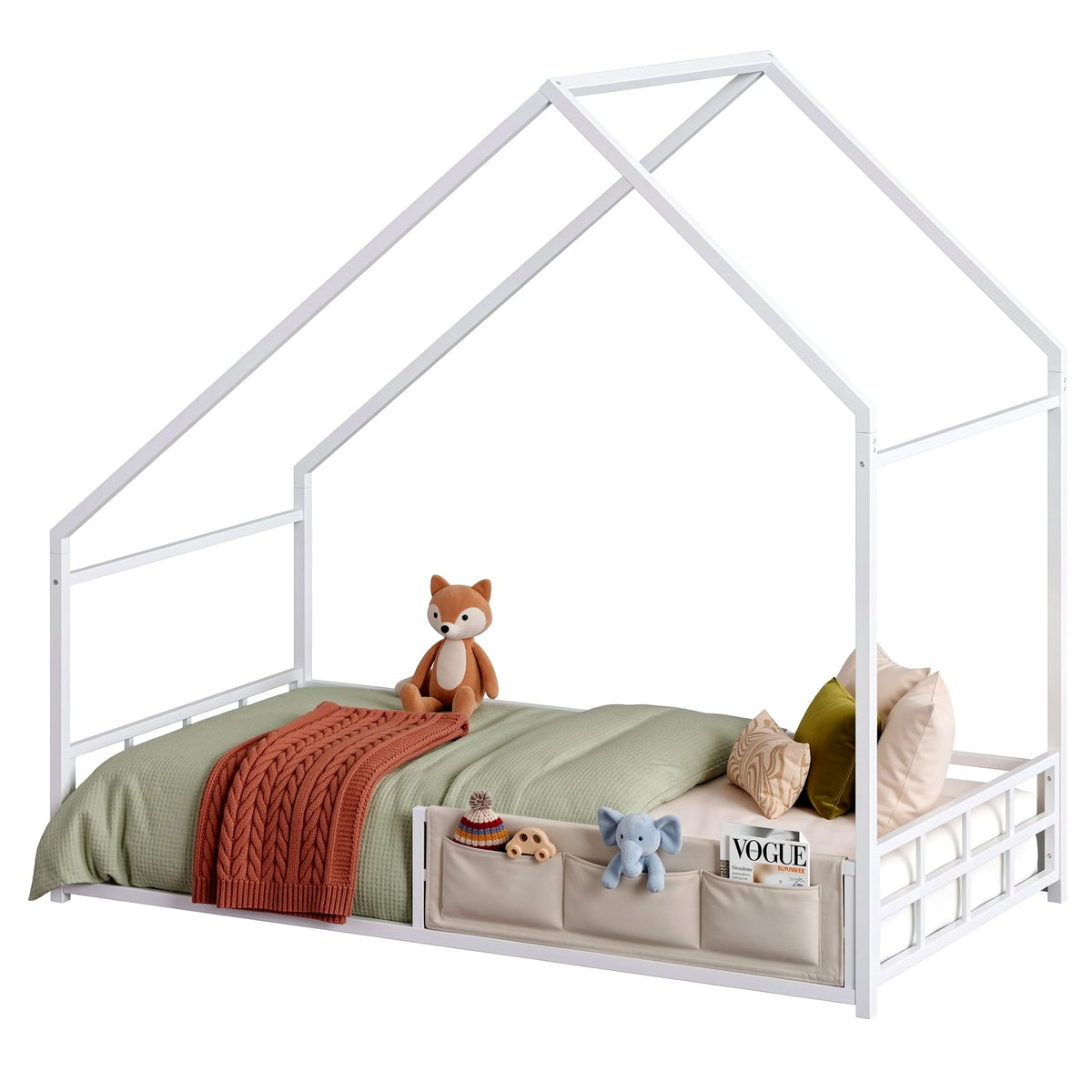 Twin House Floor Bed Frame with Metal Slats