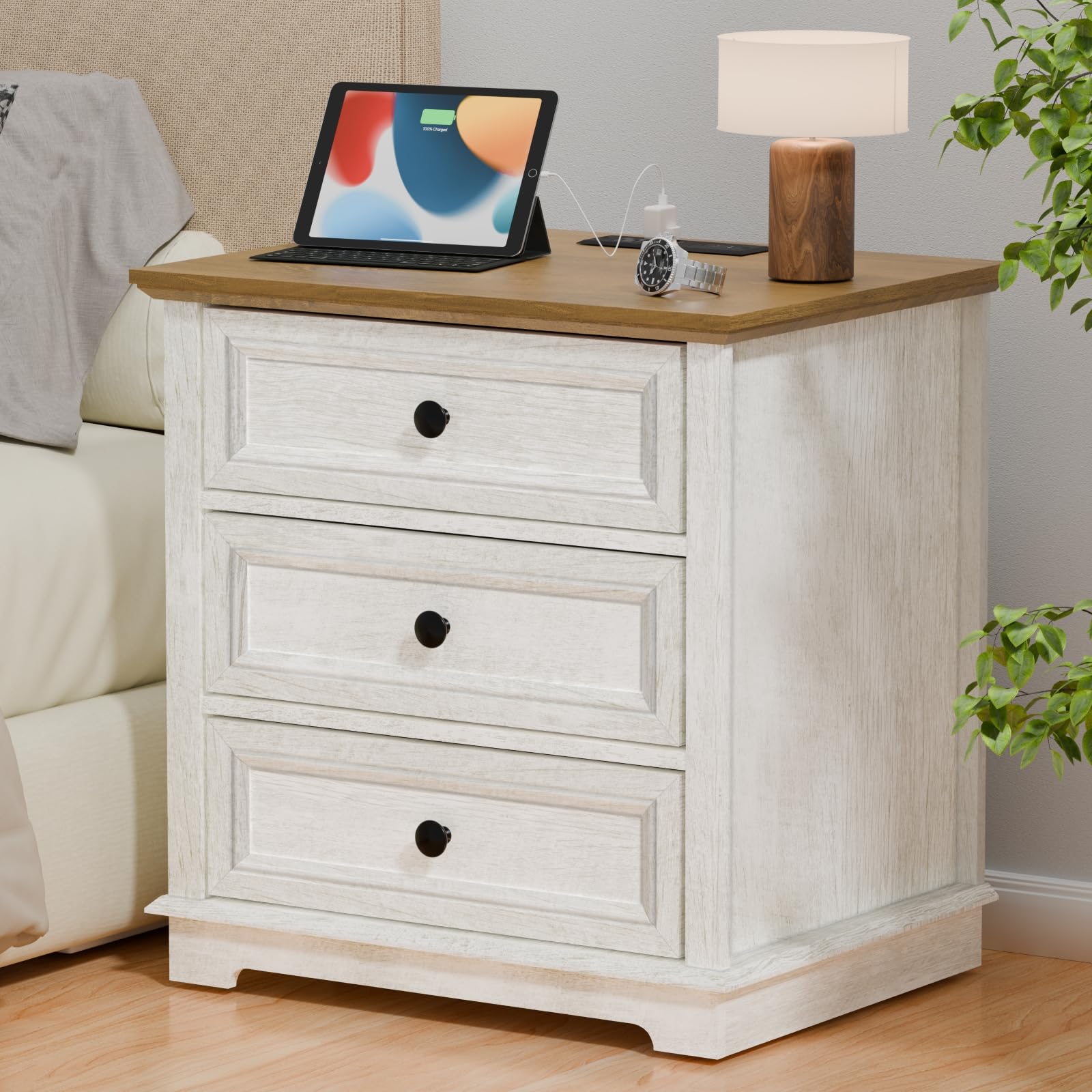 Nightstand with Charging Station, 24” Wide End Table with 3 Drawers