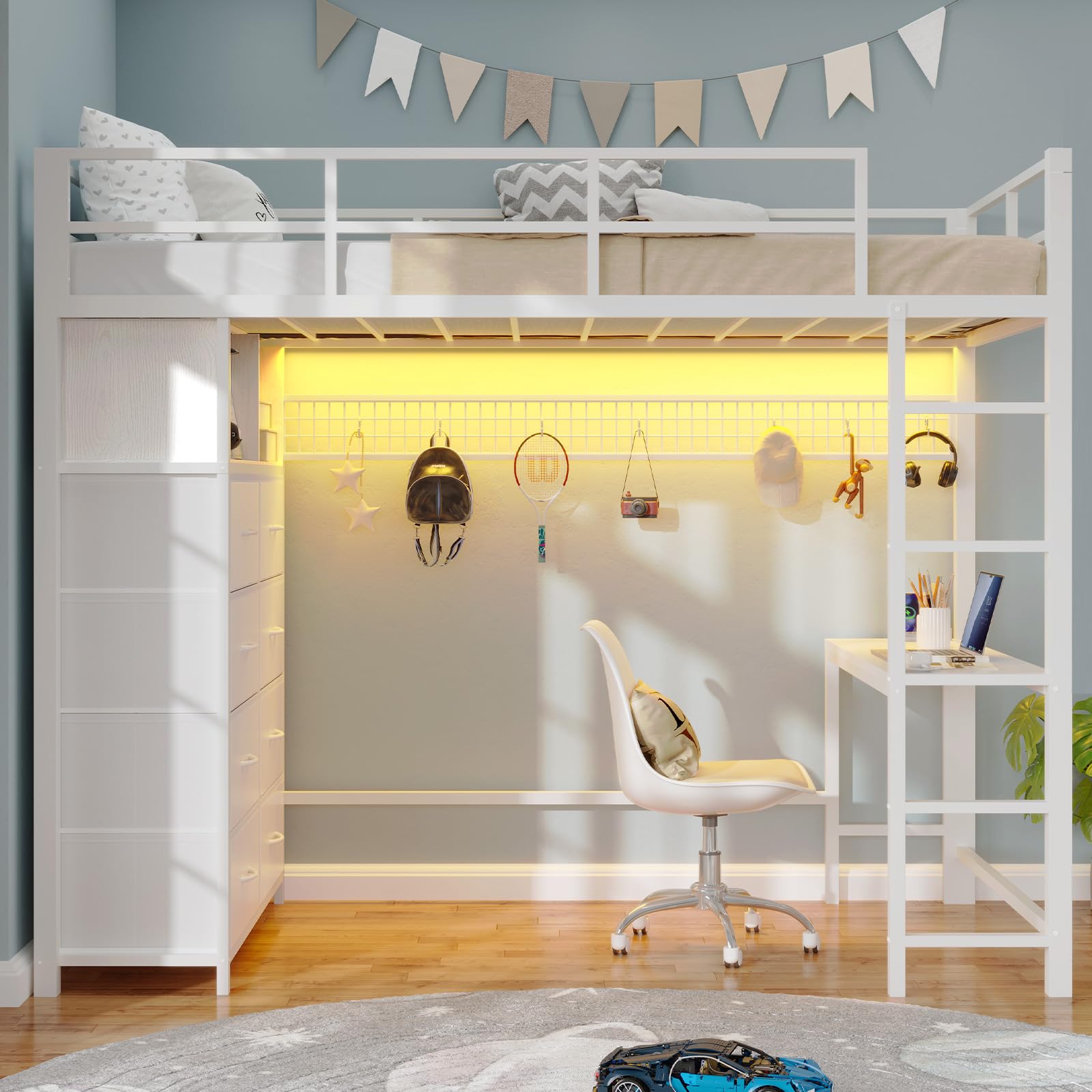 Twin Loft Bed with Desk & 8 Storage Drawers Tall Dresser