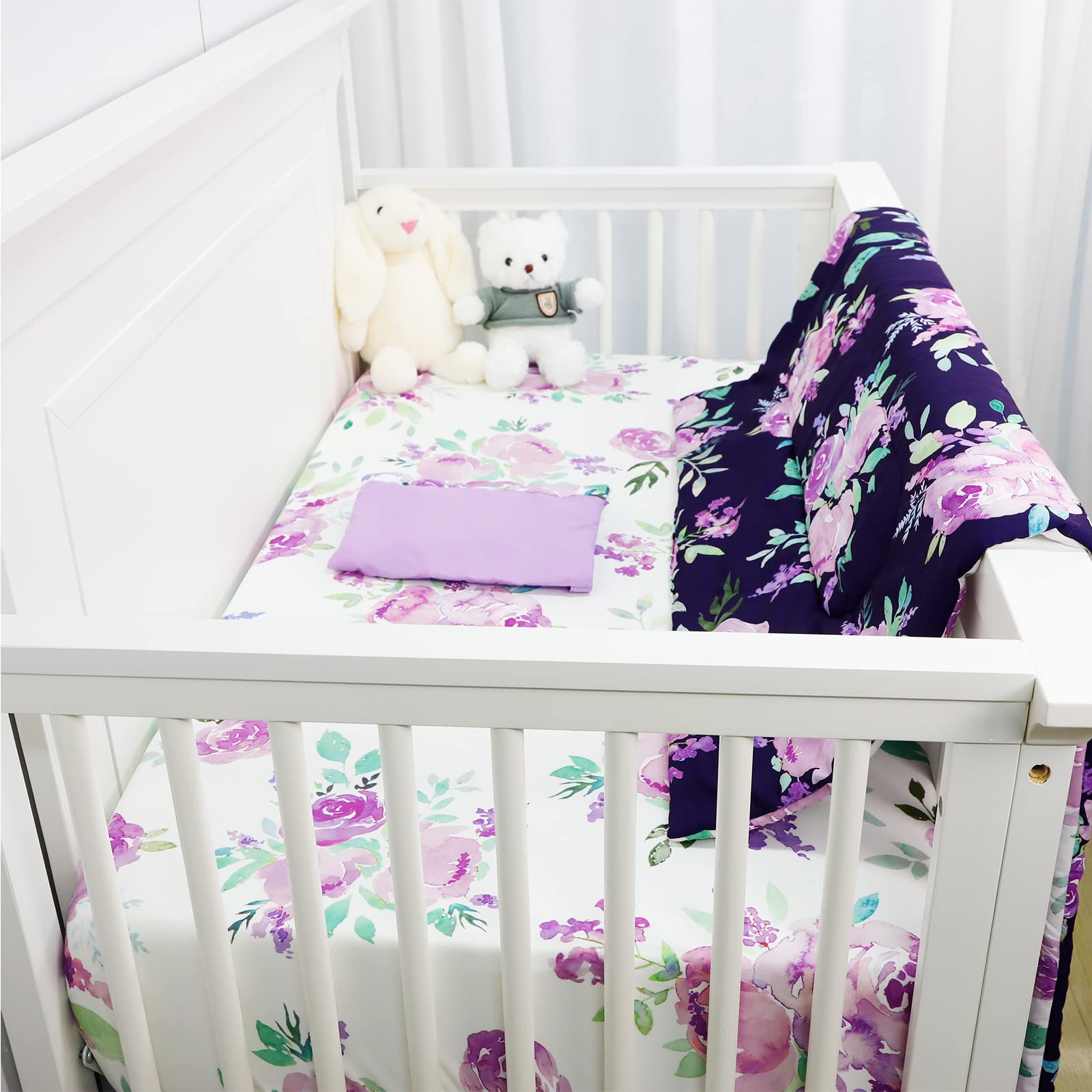 4 Piece Crib Bedding Set for Girls, Purple Flower Quilt, Crib Skirt, Diaper Stacker
