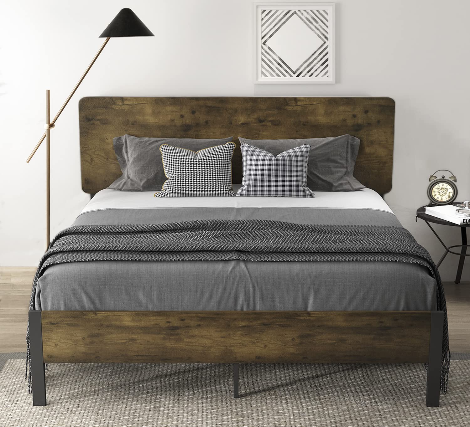 Full Size Metal Platform Bed Frame with Wooden Headboard and Footboard/Rustic