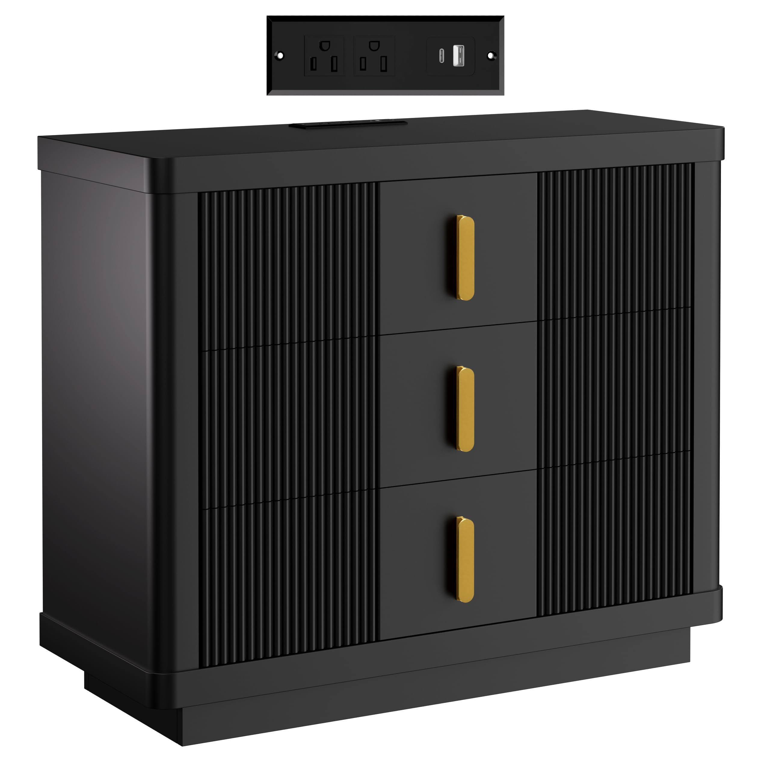 Nightstand with 3 Drawers, Fluted Black Night Stand with Charging Station