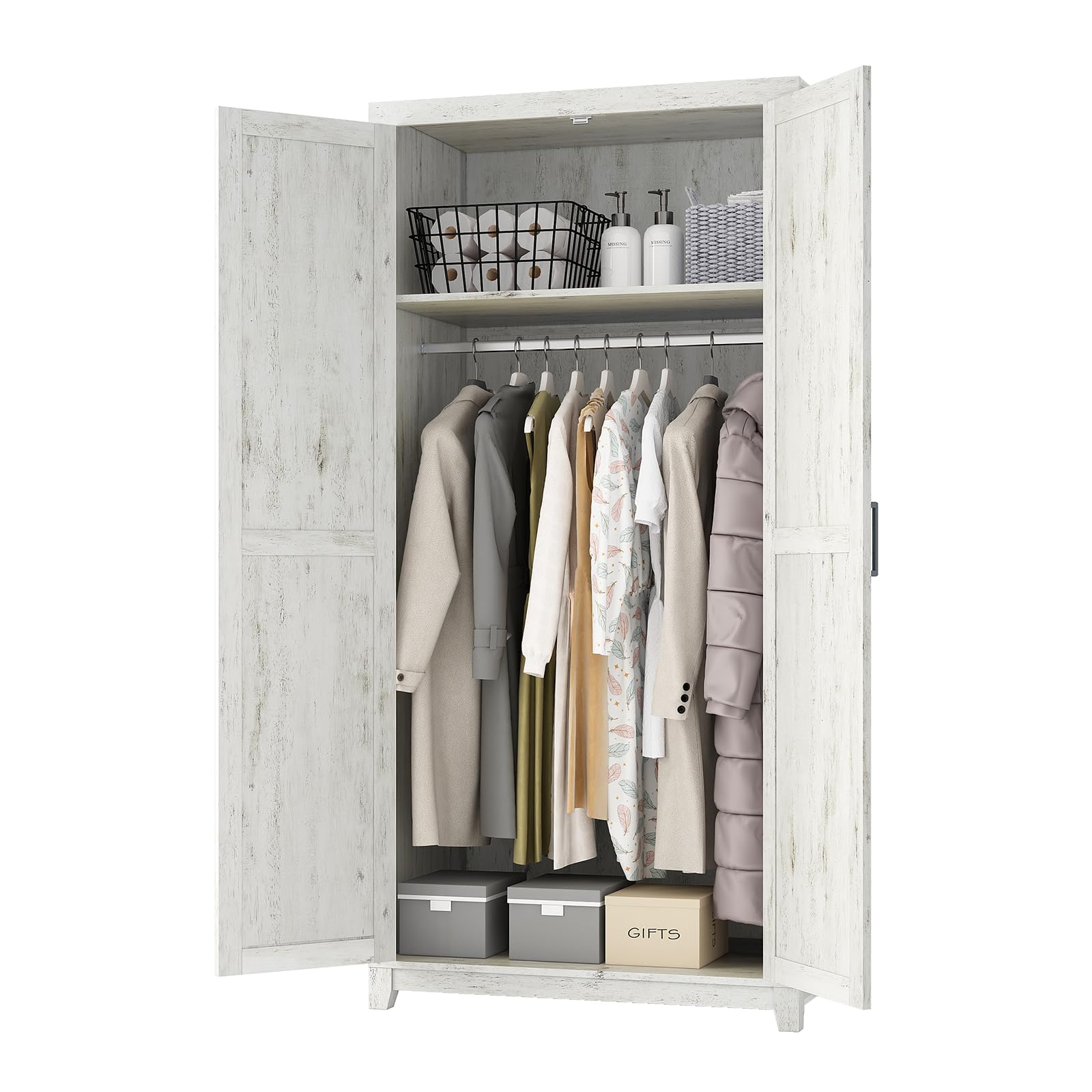 70" Large Armoire Wardrobe Closet with Hanging Rod, Farmhouse Clothing