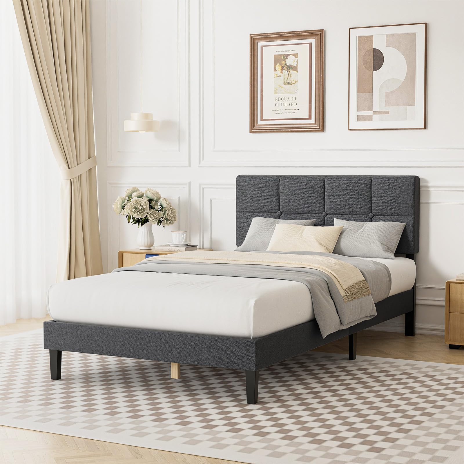 Twin Size Wood Bed Frame - Linen Upholstered Platform Bed with Headboard