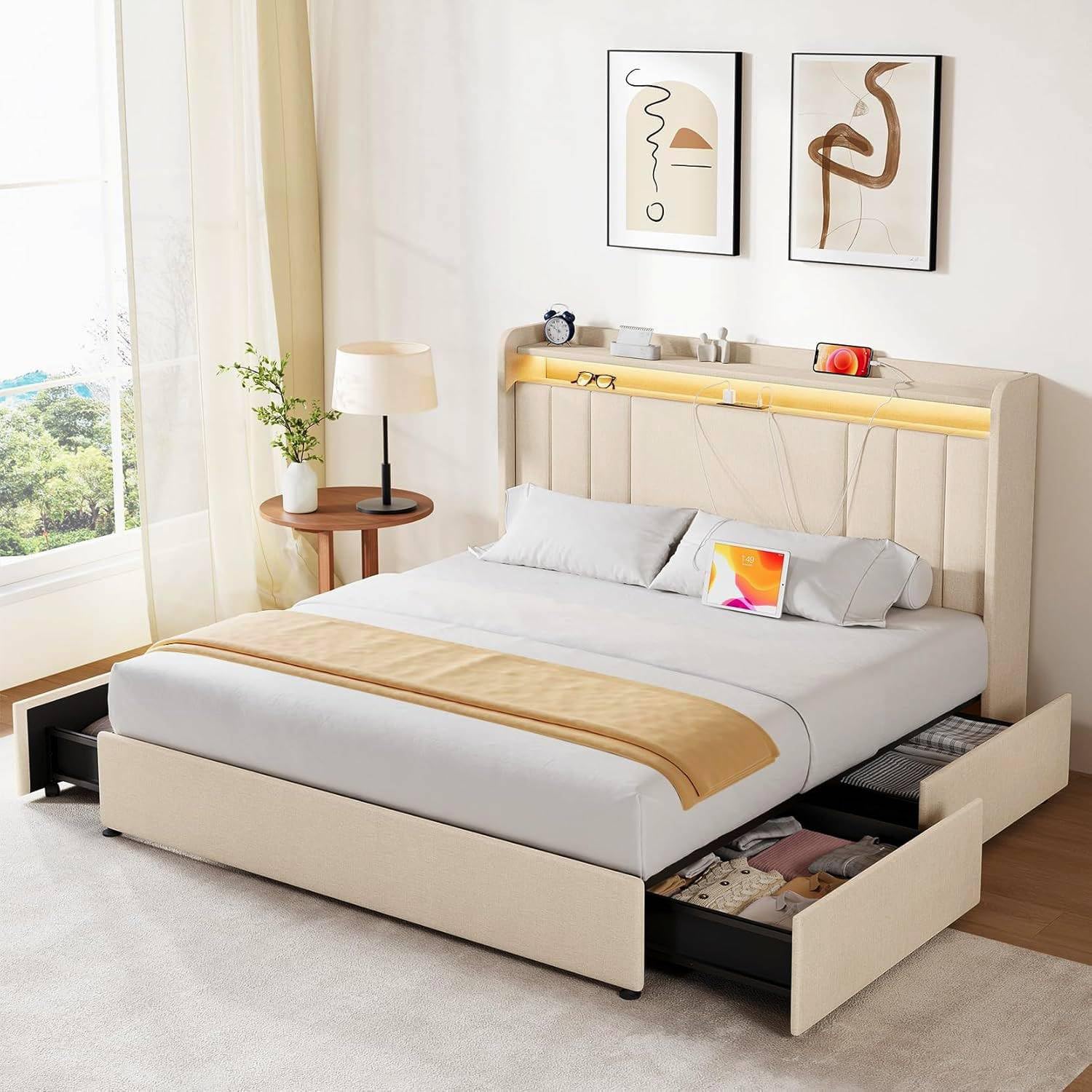 Queen Size Upholstered Bed Frame with 2-tier Storage Headboard