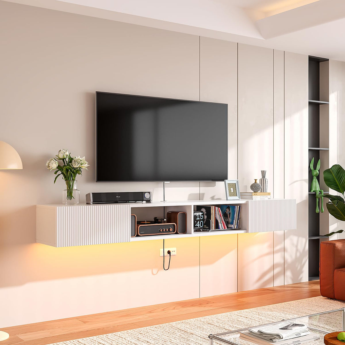 Floating TV Stand with Fluted Doors – White