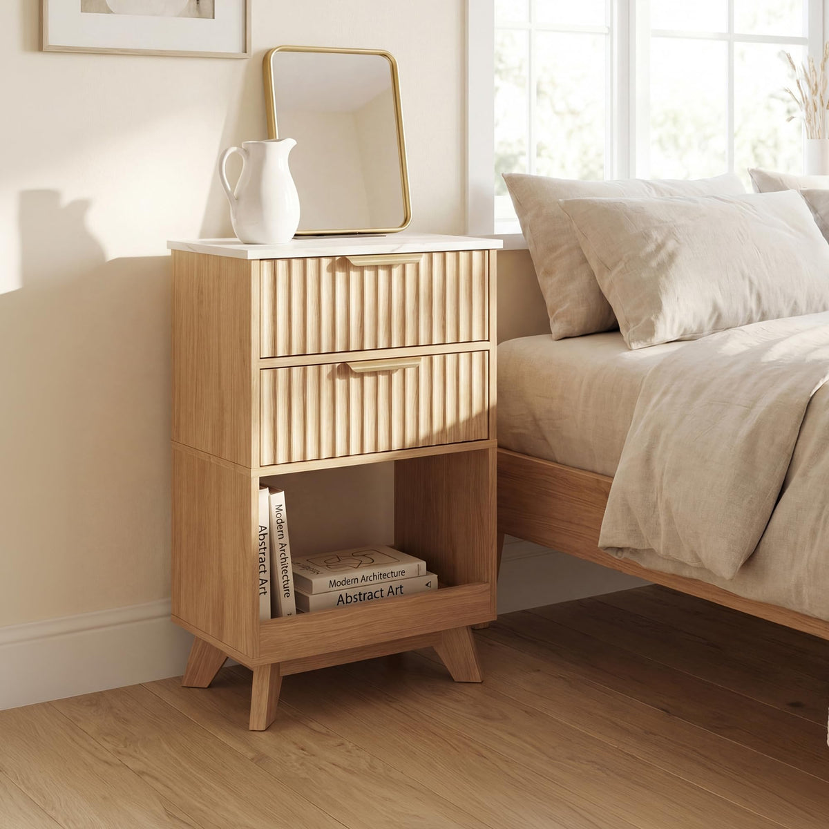 Tall Fluted Nightstand Set of 2 with Charging Station