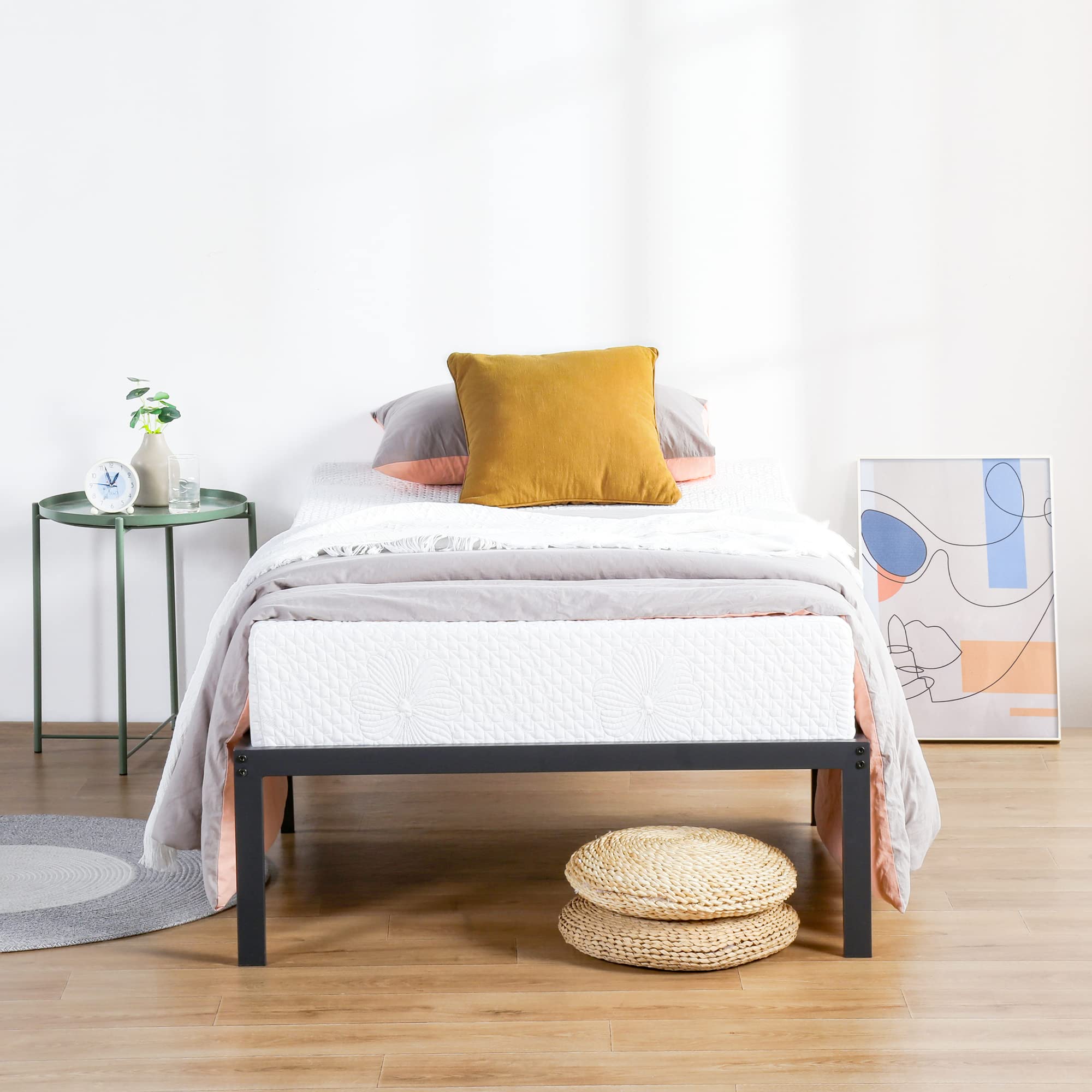 14 Inch Metal Platform Bed Frame, Steel Slat Anti-Slip with Center Support