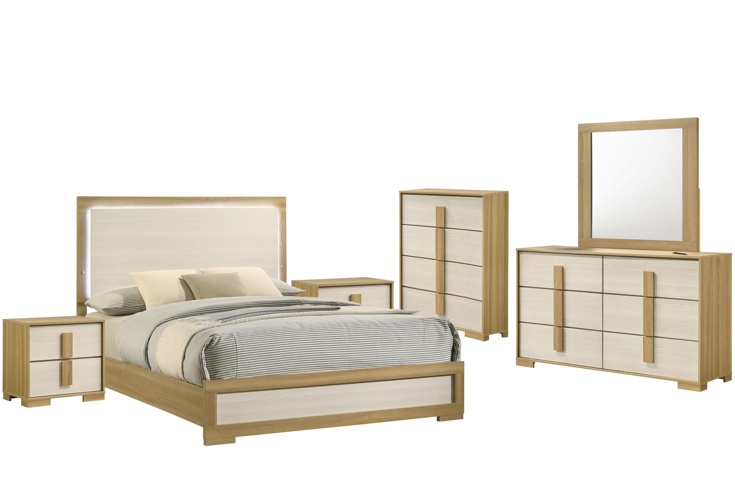6-Piece Queen Size Natural/White Bedroom Set - Bed with LED Lights