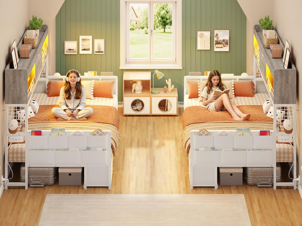 Full Size Daybed with Bookcase, 6 Drawers, LED Lights & Charging Station