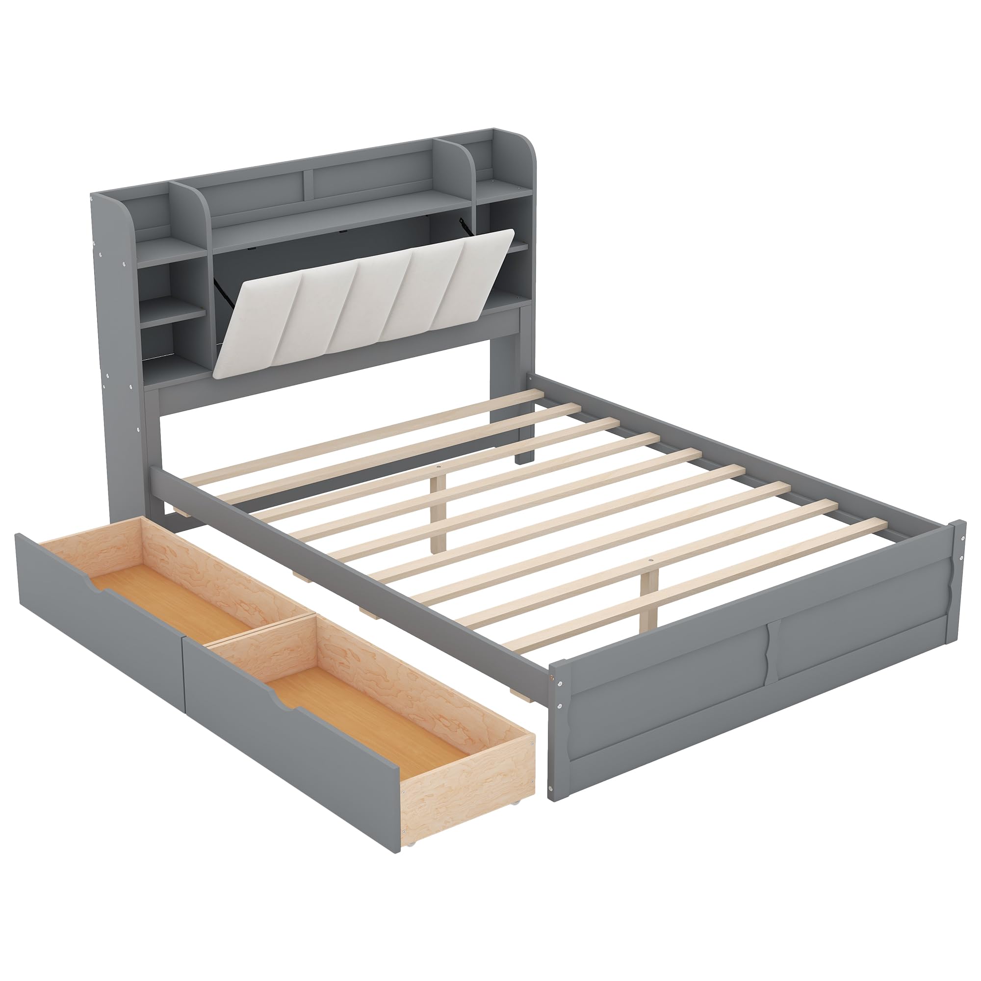 Wood Queen Size Platform Bed with 2 Storage Drawers, Multi-Functional Headboard