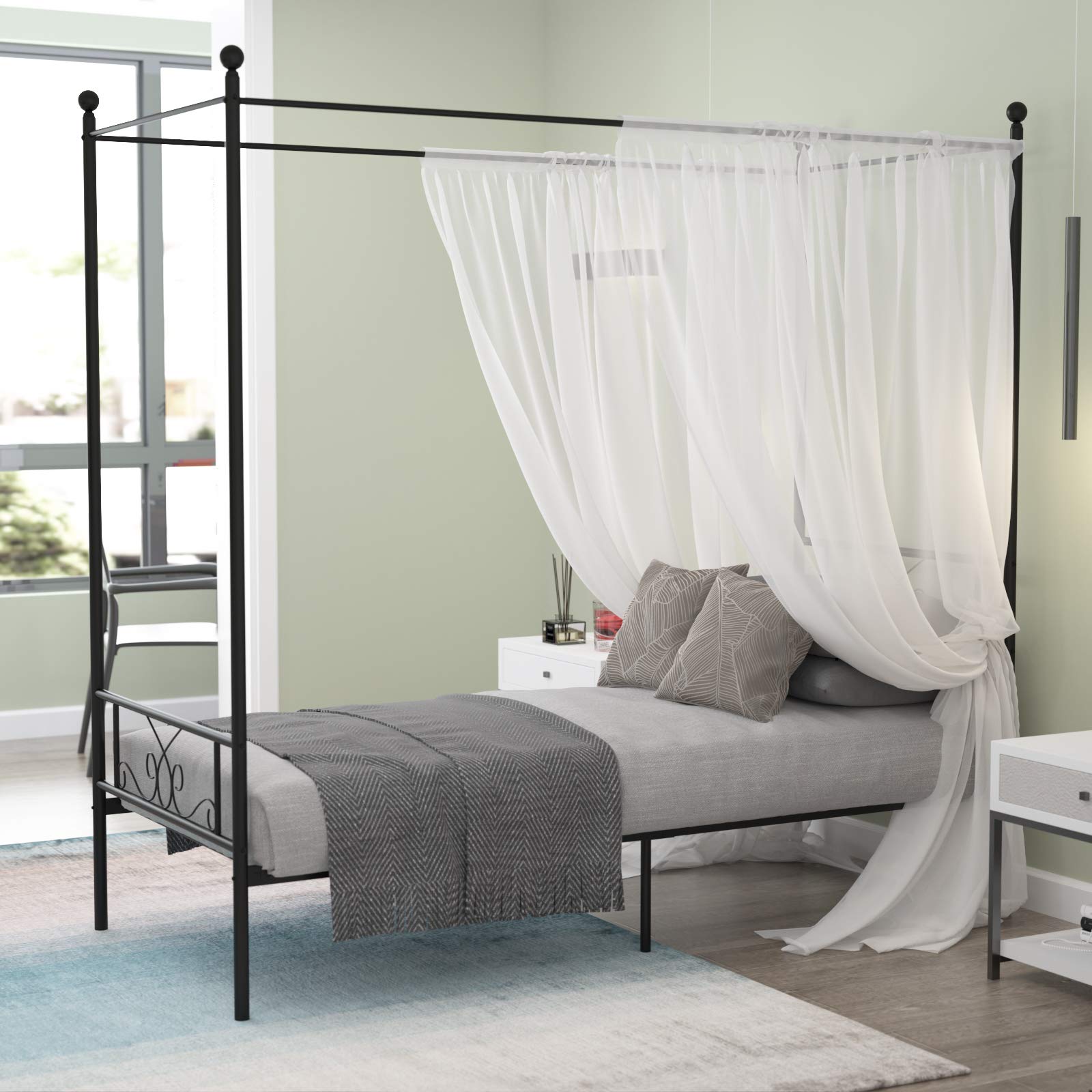 Twin Canopy Bed Frame with Headboard and Footboard, 4 Posters Metal Bed Frame