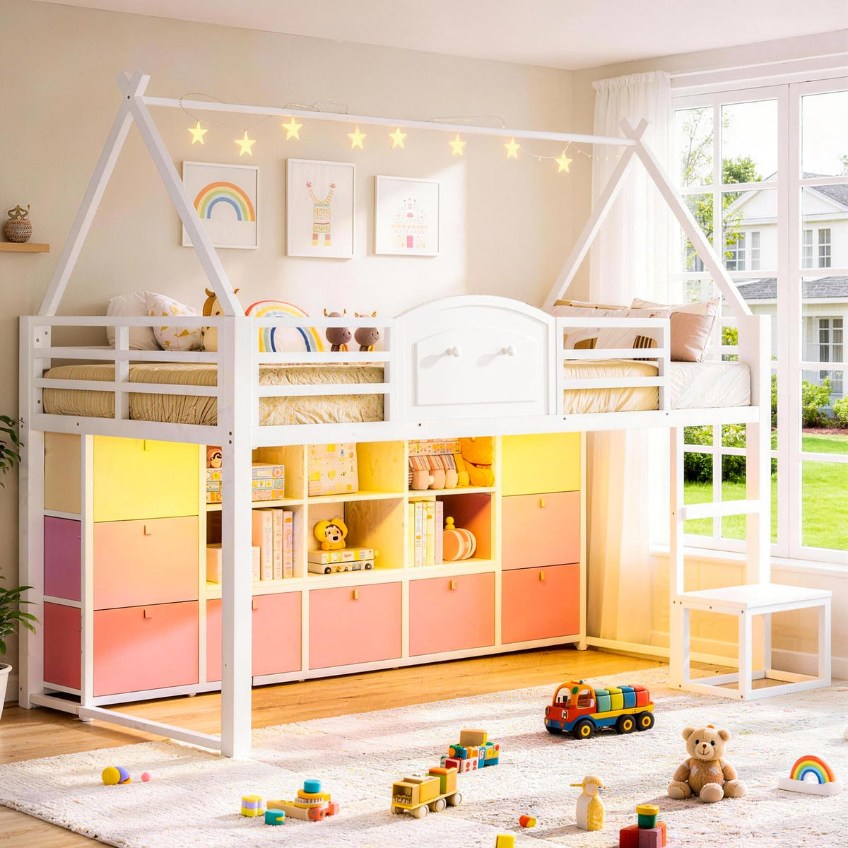 Low Loft Bed with Storage Drawers, Bookcase & LED Lights