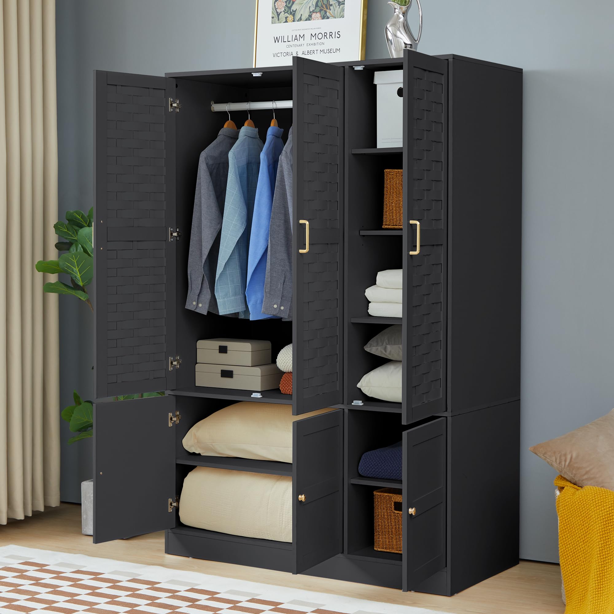 LEVNARY Wardrobe Closet with 6 Woven Doors, Walnut Armoire Wardrobe Cabinet for High Storage Capacity with Adjustable Shelves and Hanging Rail, Freestanding Tall Bedroom Closet (Black)