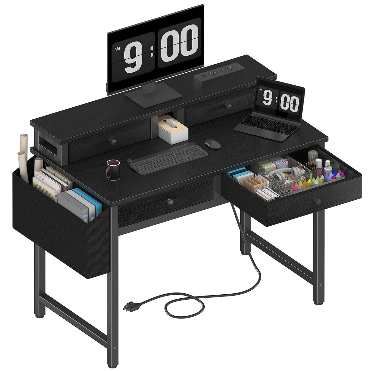 31.5" Small Computer Desk with 4 Fabric Drawers, Monitor Stand & Power Strip