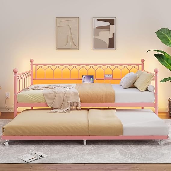 Bed Frame, Twin Daybed with Trundle, Convertible 2-in-1 Sofa