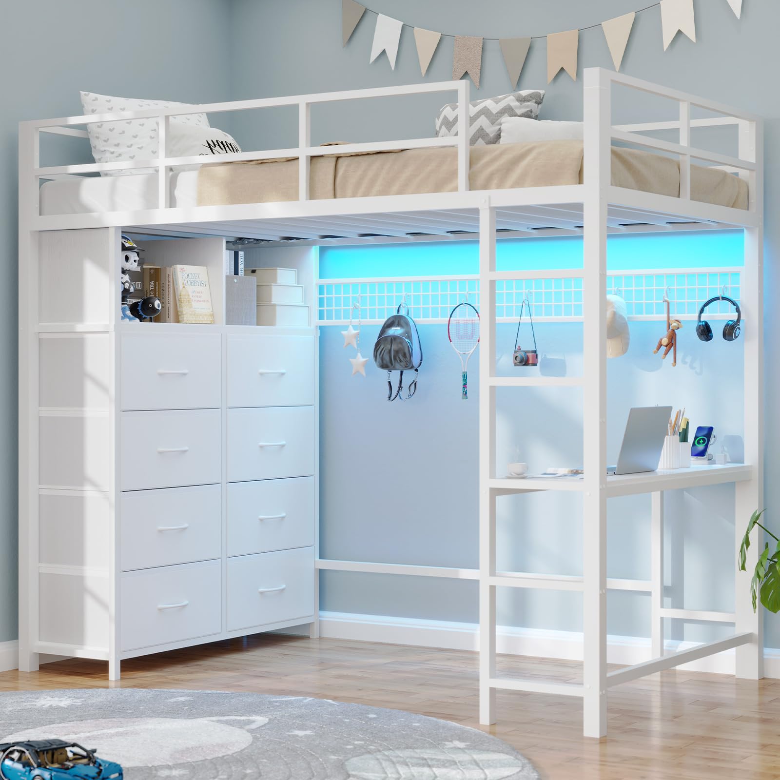 Twin Loft Bed with Desk & 8 Storage Drawers Tall Dresser, White Metal Loft Bed
