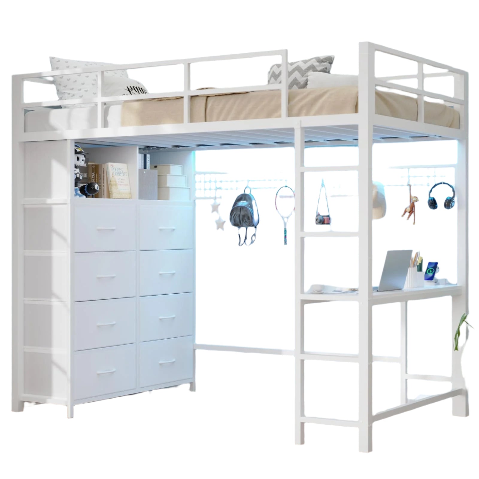 Twin Loft Bed with Desk & 8 Storage Drawers Tall Dresser
