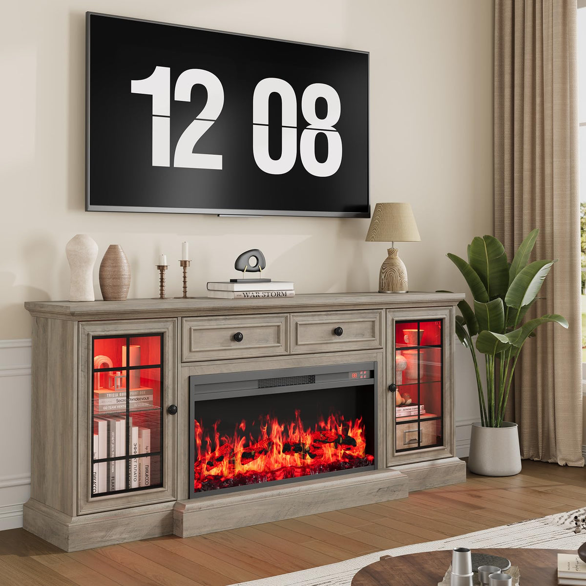 70" Fireplace TV Stand with Electric Fireplace & LED Lights