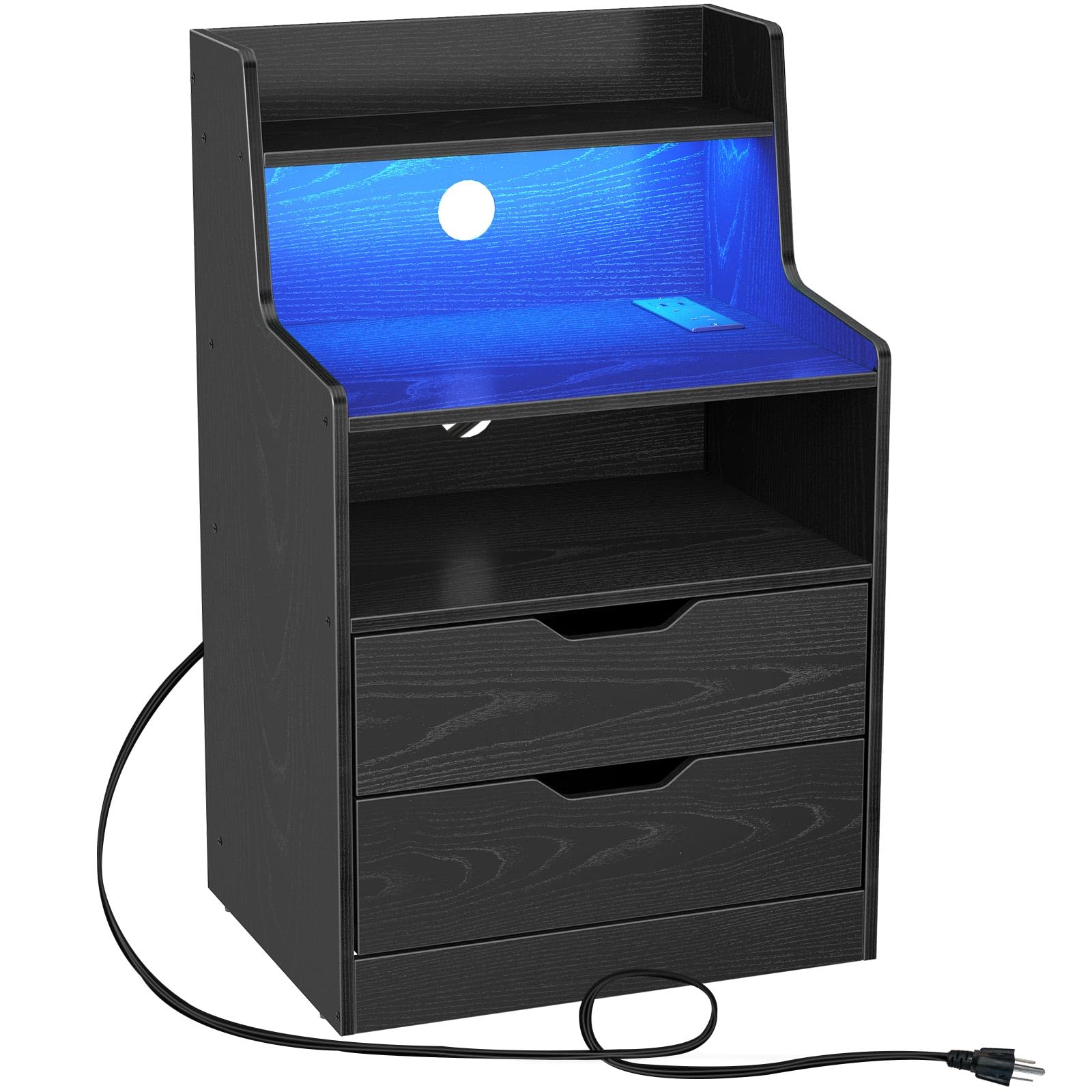 Nightstand with Charging Station and LED Lights, 2 AC and USB Power Outlets