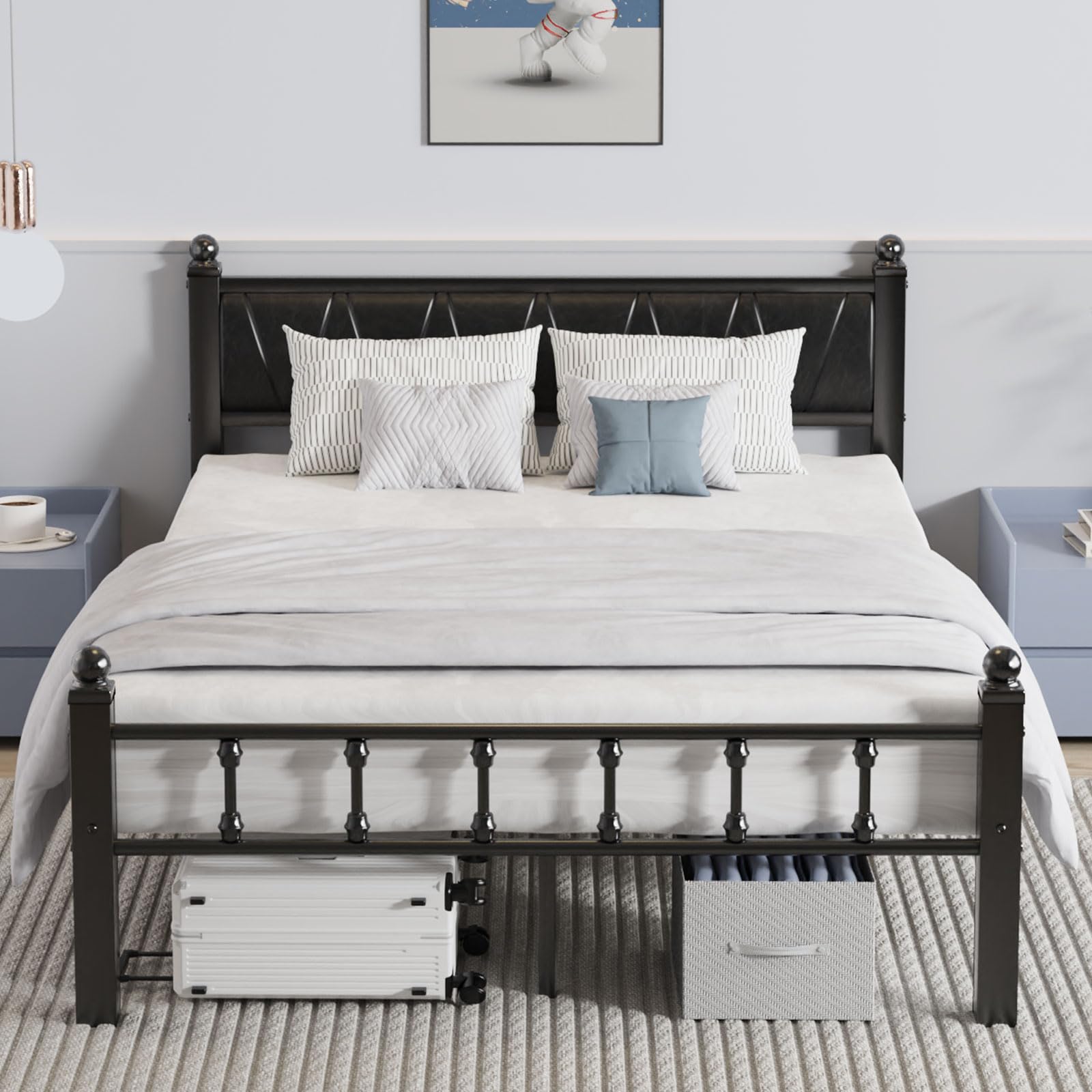 Metal Bed Frame Full Size with Faux Leather Headboard, Platform Bed Frame