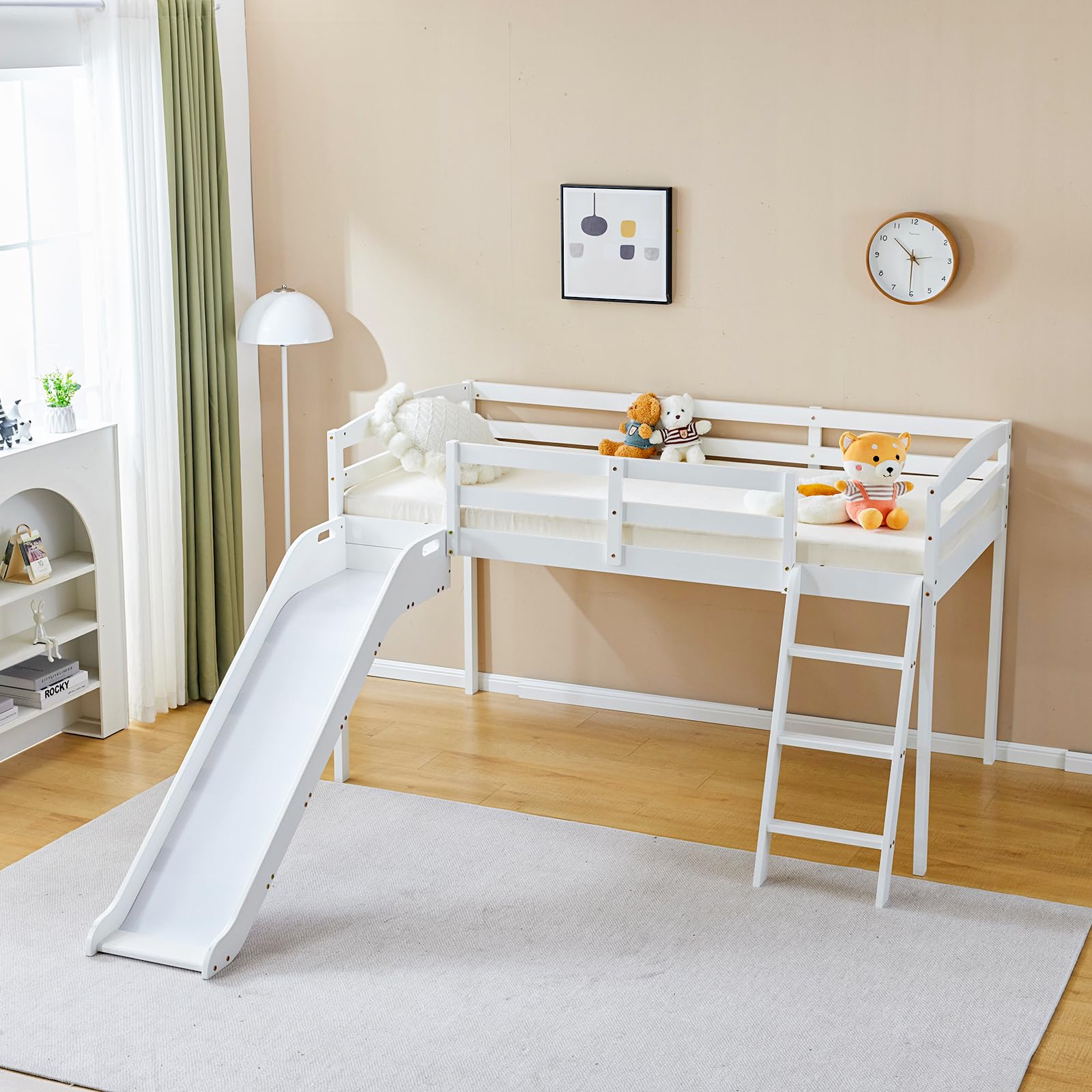 Bunk Bed with Curved Slide, Low Bunk Bed Twin Over Twin