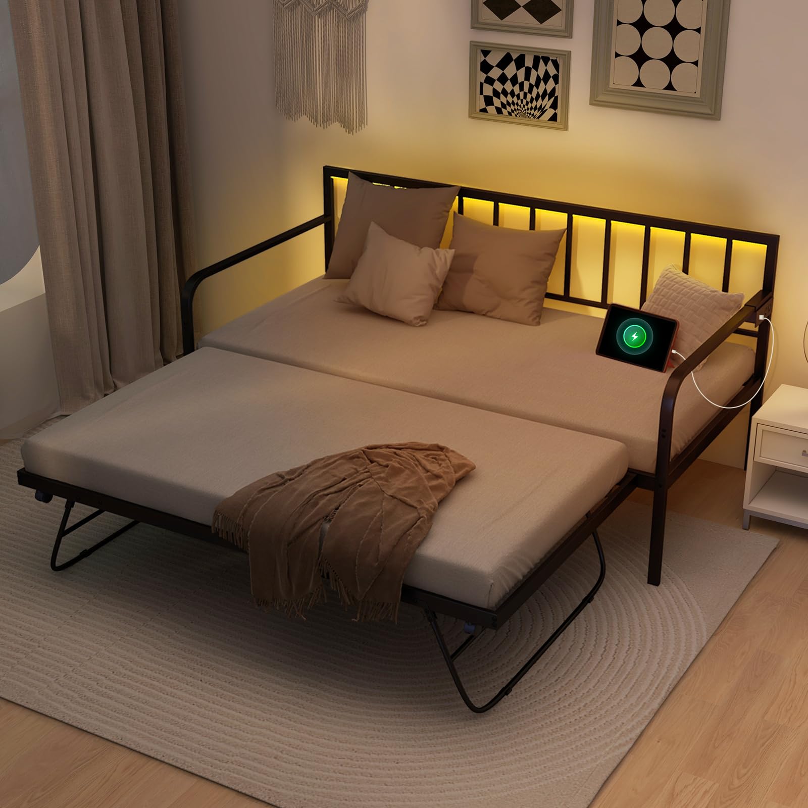 Daybed with Charging Station & LED Lights, Metal Sofa Bed Frame