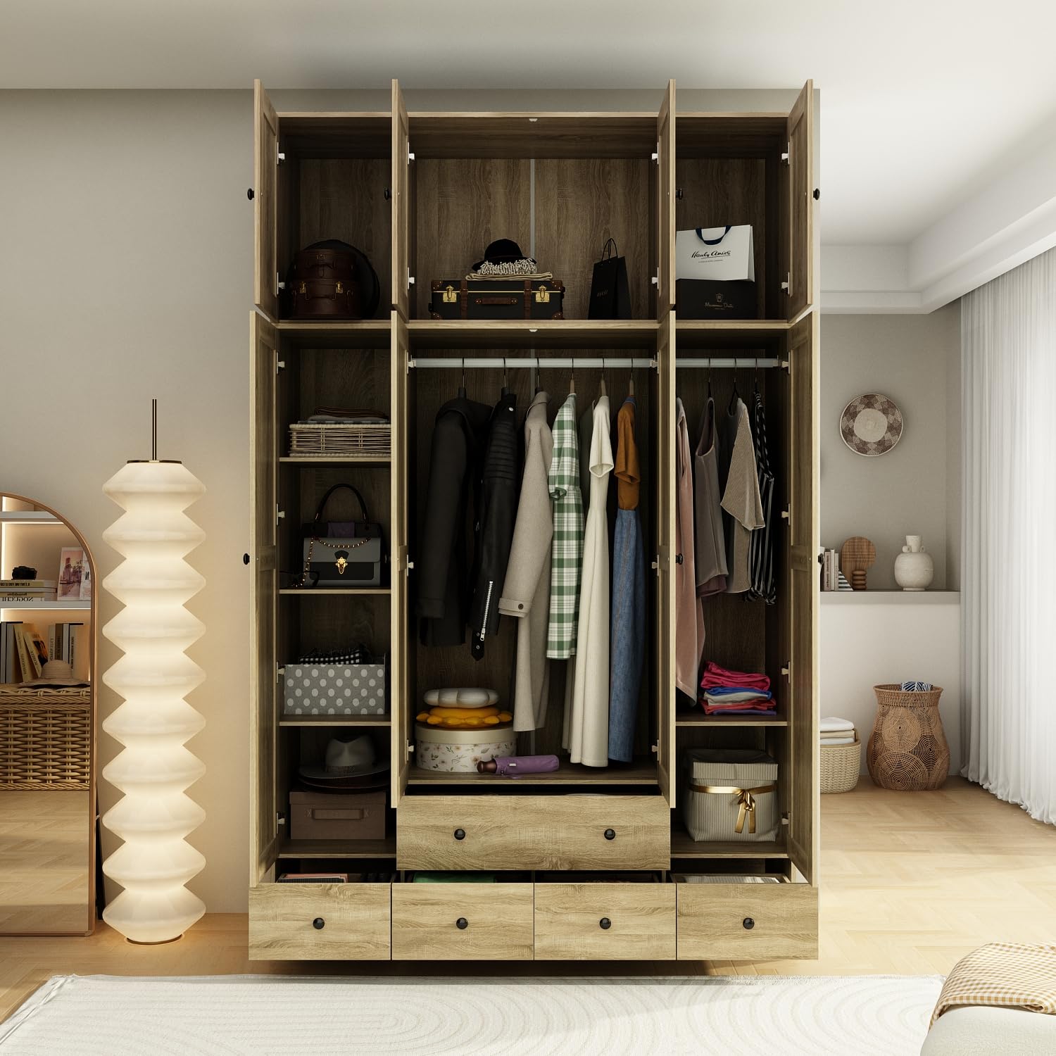 8 Door Wardrobe Armoire Closet, Bedroom Cabinet Armoire with Rattan Doors