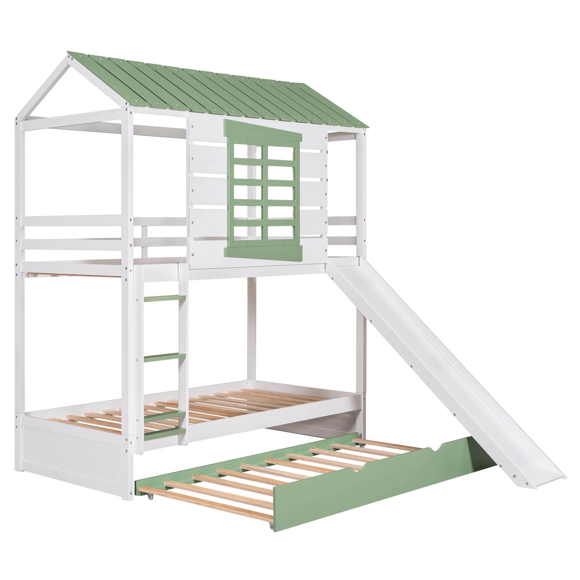 House Bunk Bed with Slide and Trundle, Twin Over Twin Solid Wood