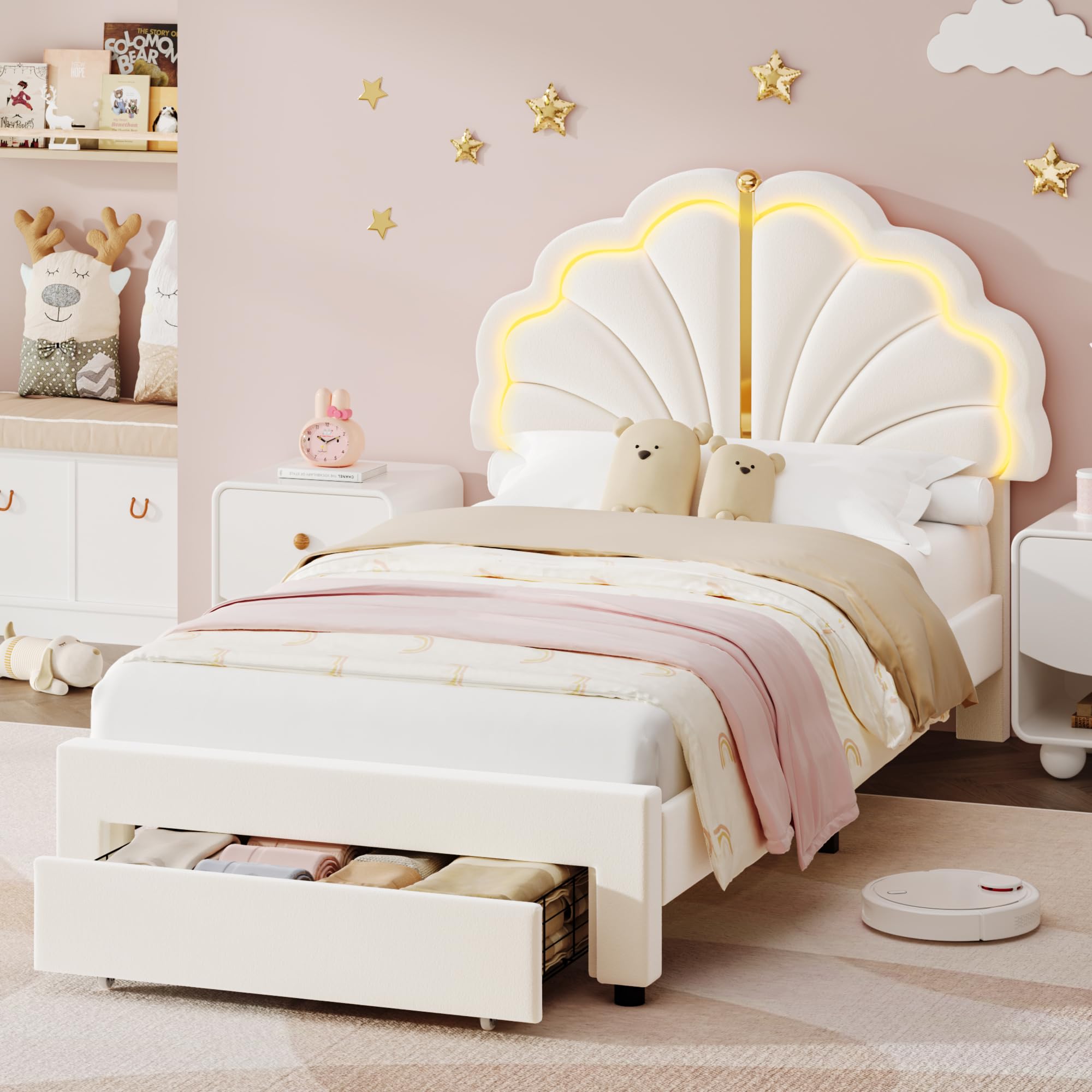 Twin Upholstered LED Bed Frame with Storage Drawers