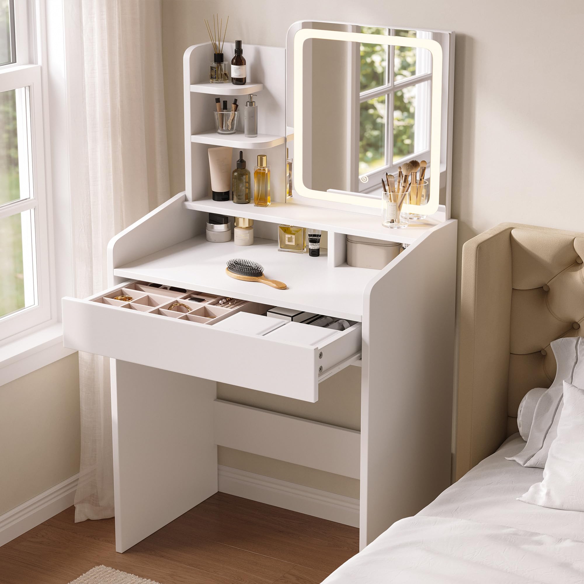 Vanity Desk with Mirror and Lights, Makeup Vanity with Drawer & Storage