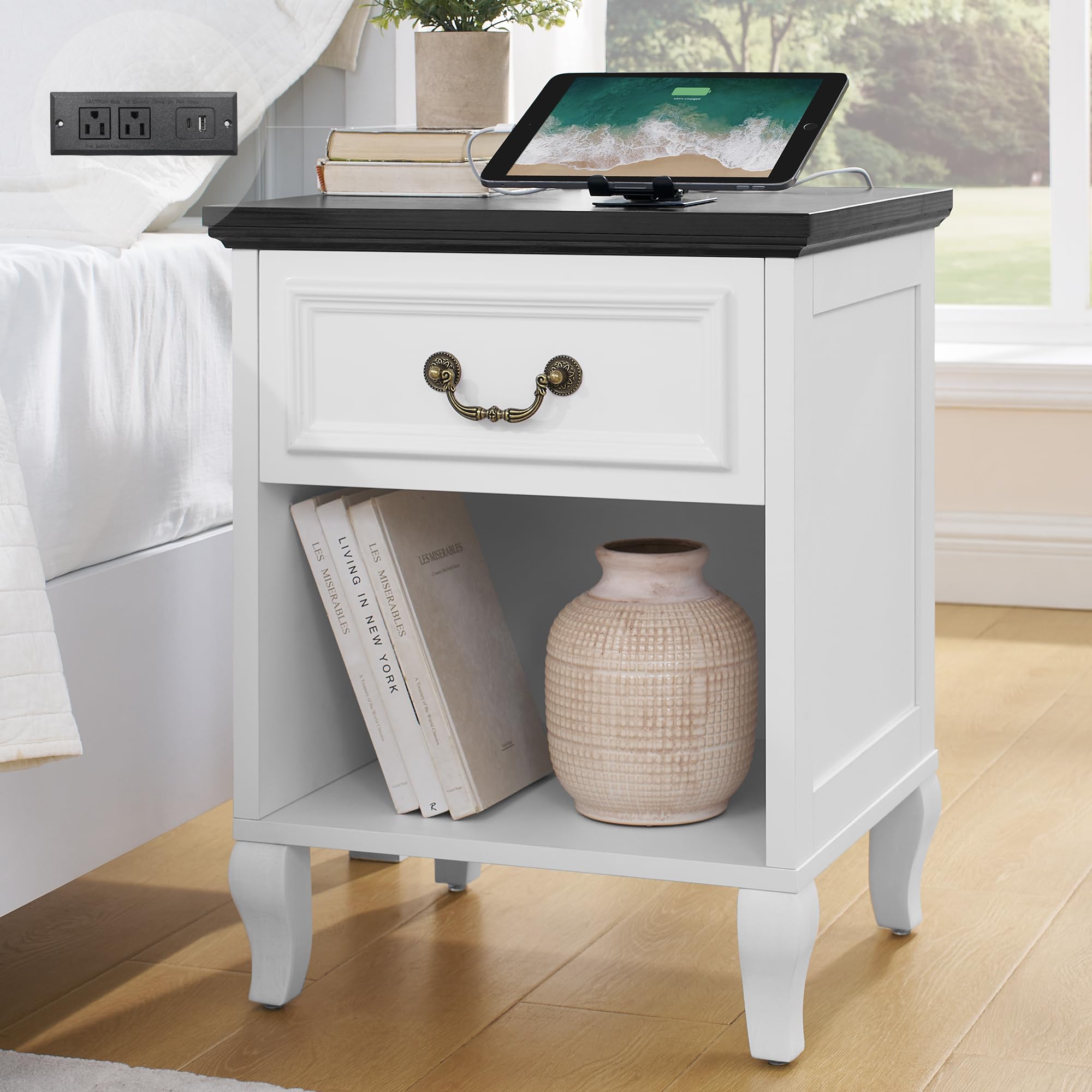 Farmhouse Nightstand with Charger Station