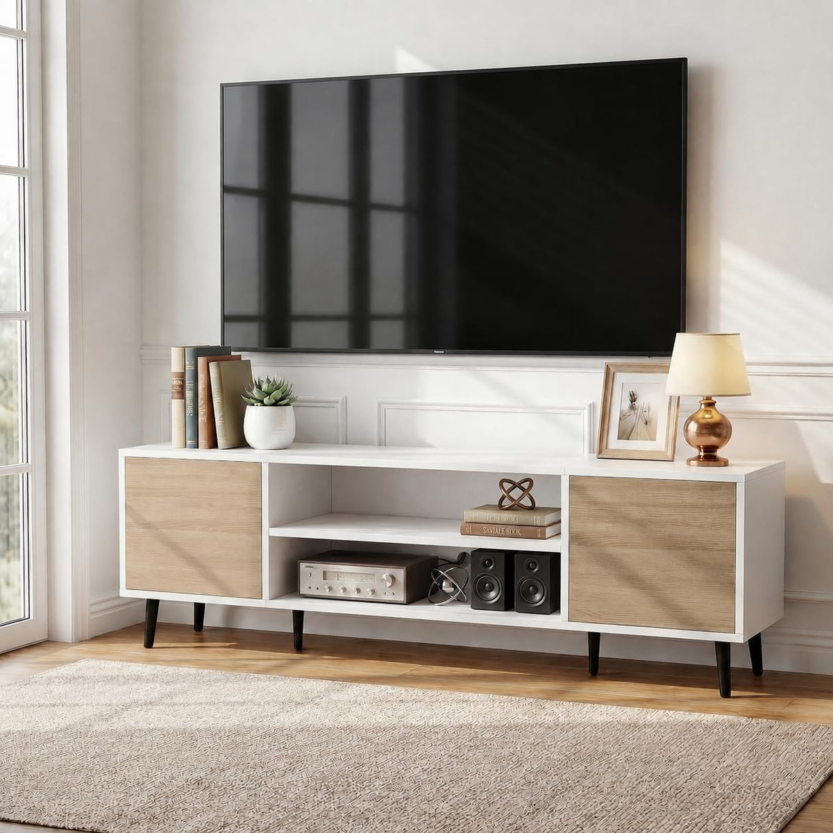 Mid-Century Modern TV Stand with Push-to-Open Storage