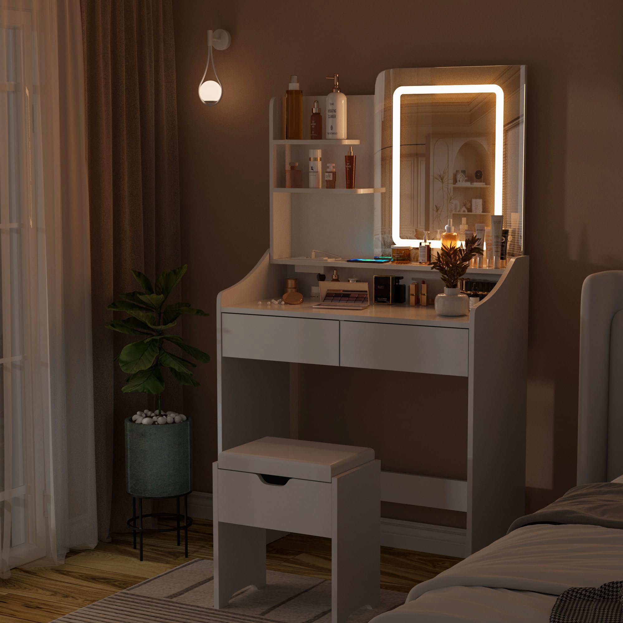 Vanity Desk with LED Light Mirror and Charging