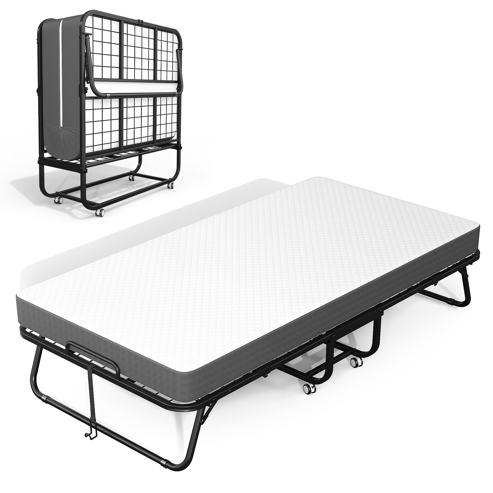 Metal Bed Frame with Mattress, 75 "x 38" Portable Rollaway Adult Guest Twin