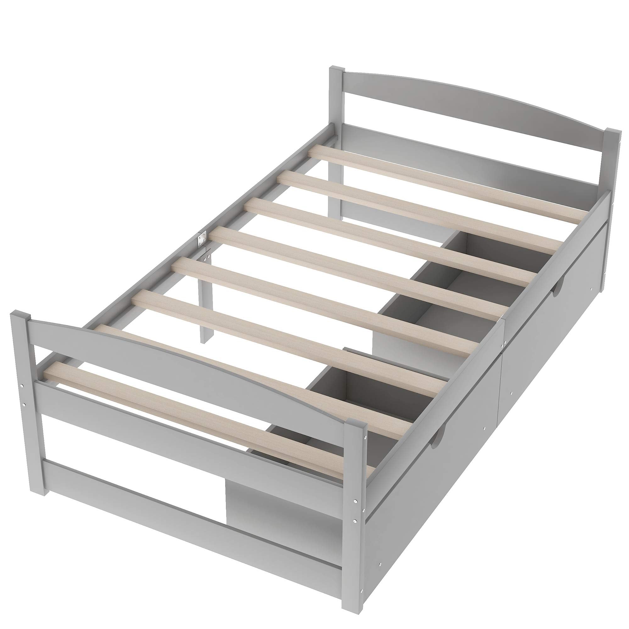 Twin Size Platform Bed with Two Storage Drawers, Solid Wood Platform Bed