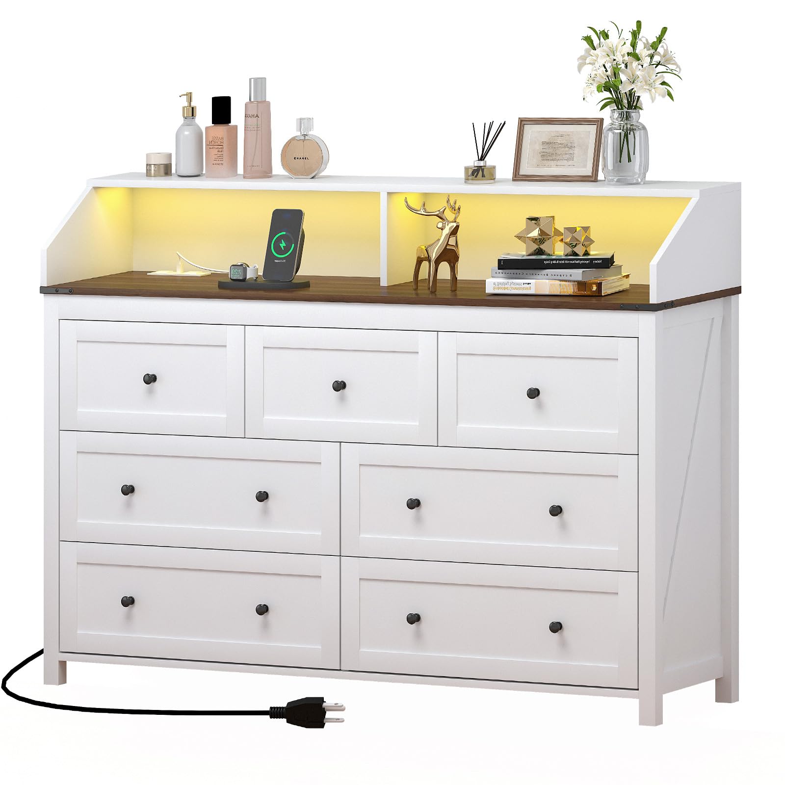 LED Dresser with Charging Station, 7 Drawer Dresser for Bedroom
